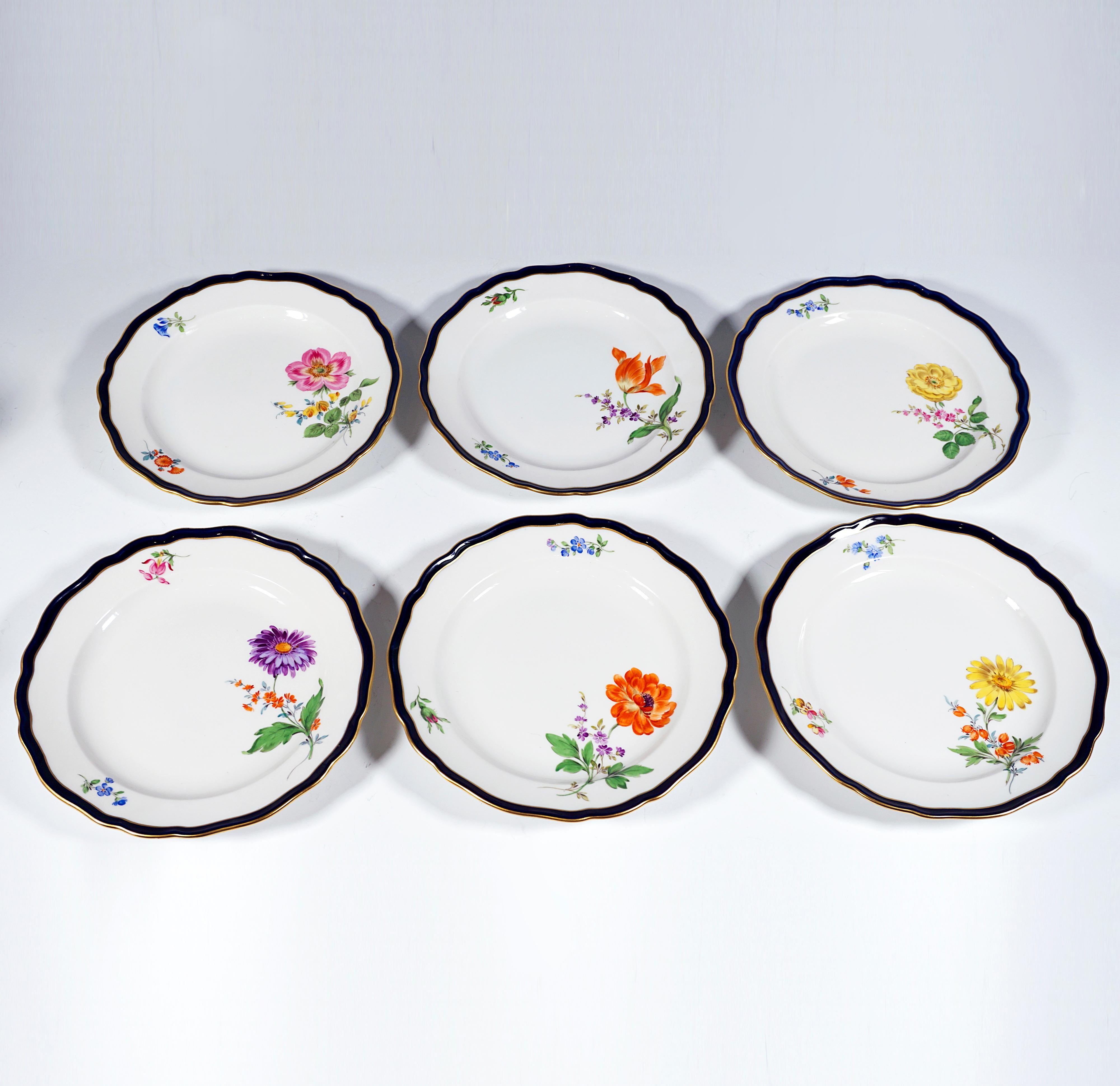 Hand-Crafted Meissen Coffee & Dessert Set For 6 Persons Flowers, Blue Rim & Gold, Mid-20th
