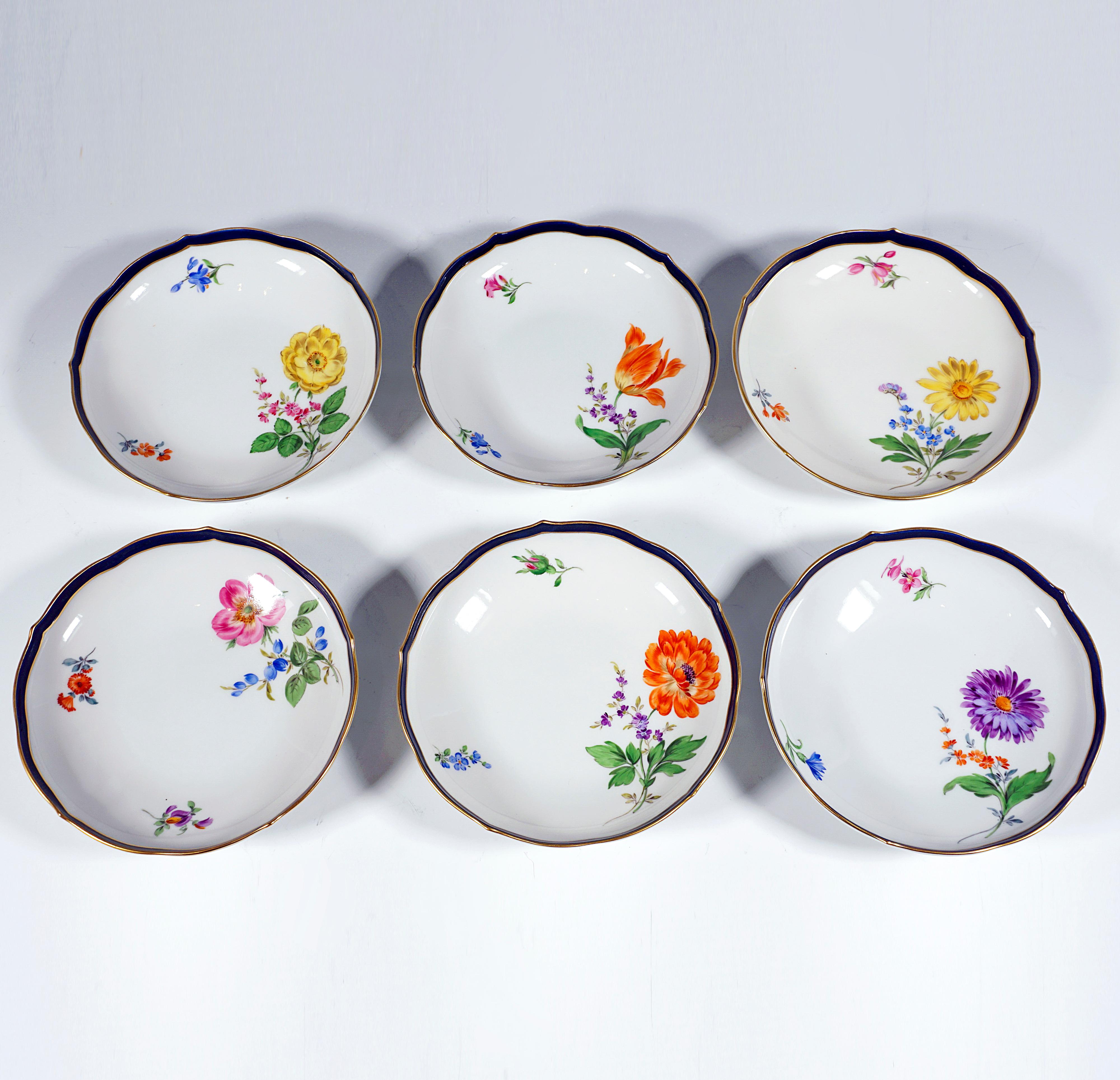 20th Century Meissen Coffee & Dessert Set For 6 Persons Flowers, Blue Rim & Gold, Mid-20th