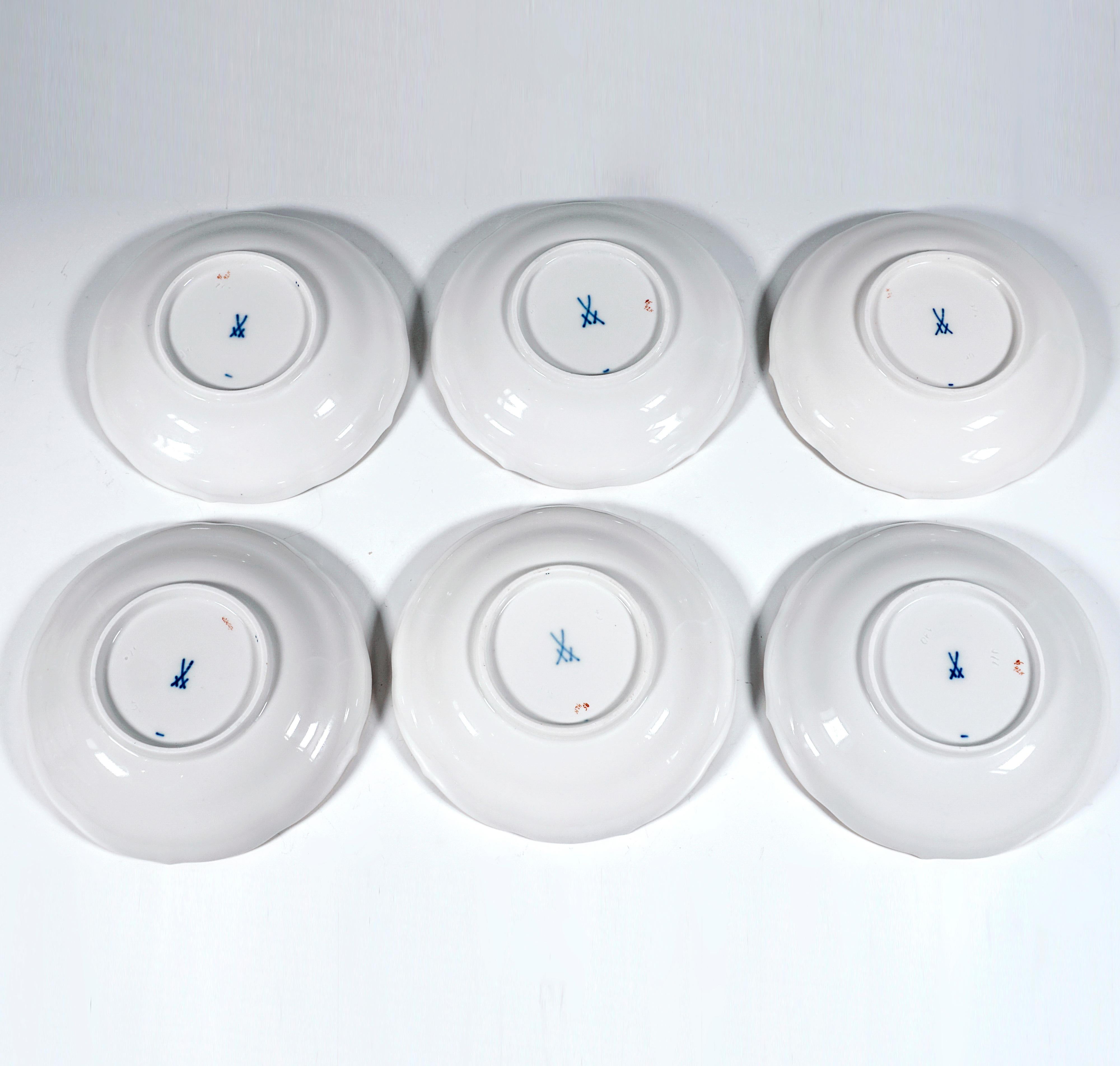 Porcelain Meissen Coffee & Dessert Set For 6 Persons Flowers, Blue Rim & Gold, Mid-20th