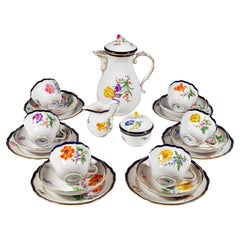 Meissen Coffee & Dessert Set For 6 Persons Flowers, Blue Rim & Gold, Mid-20th