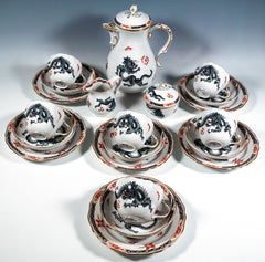 Meissen Coffee & Dessert Set For 6 Persons, Ming Dragon Black, Red & Gold, 20th