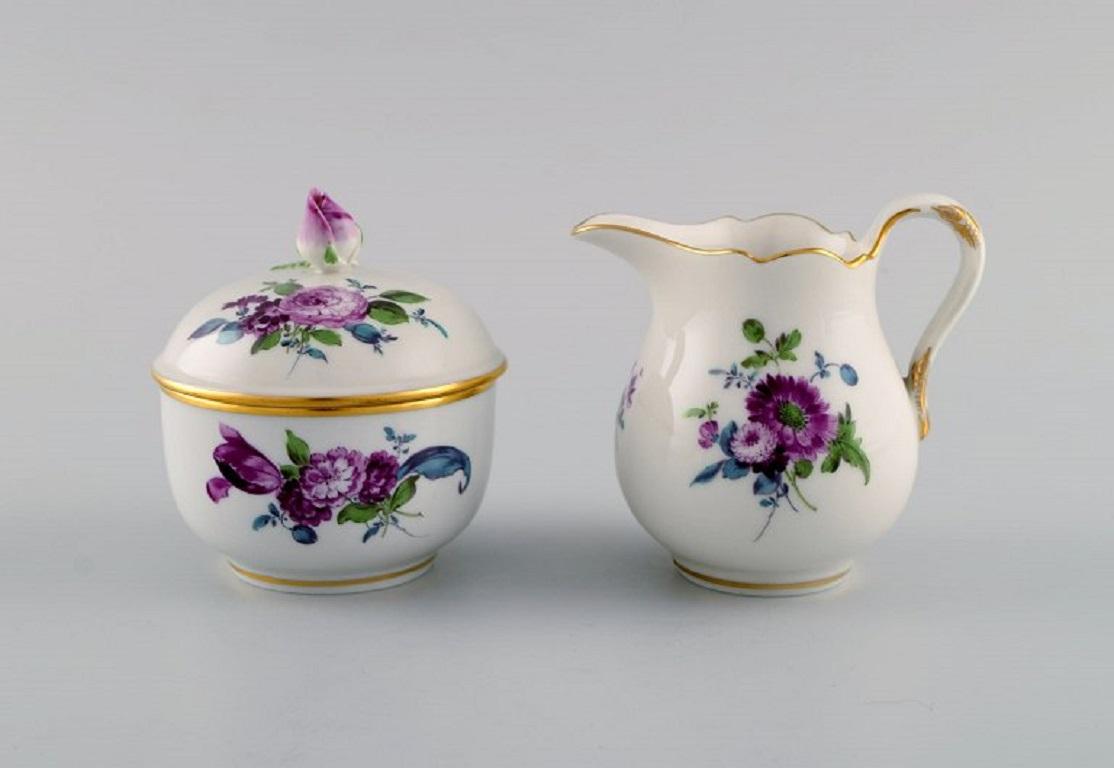 German Meissen Coffee Pot, Sugar Bowl and Cream Jug with Hand-Painted Flowers For Sale