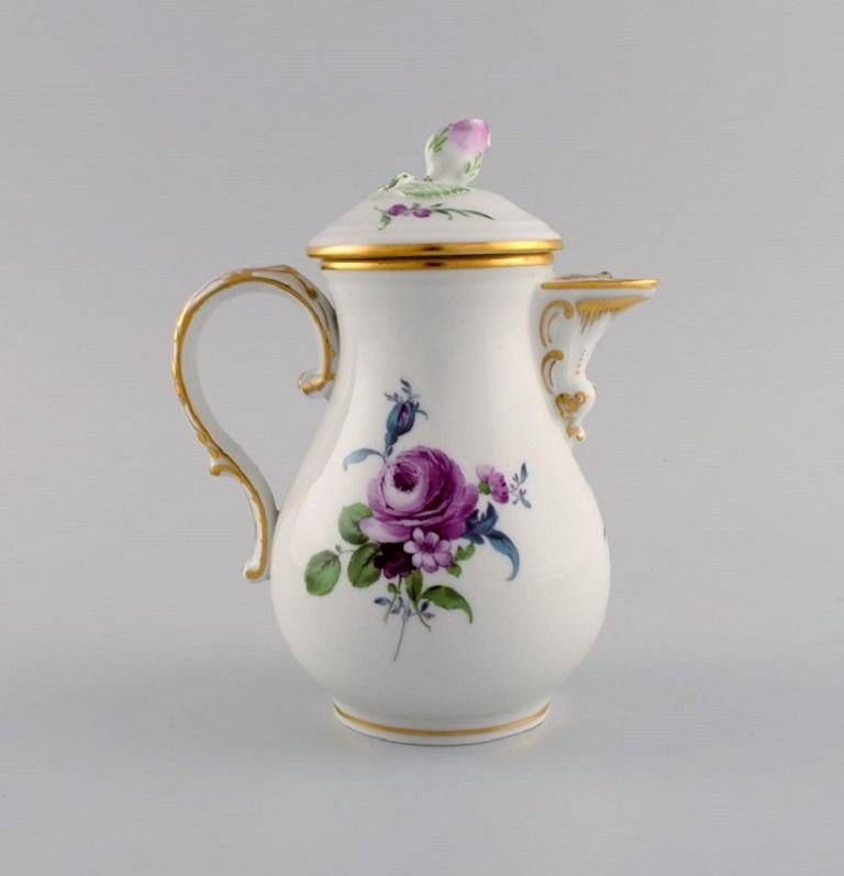 20th Century Meissen Coffee Pot, Sugar Bowl and Cream Jug with Hand-Painted Flowers For Sale