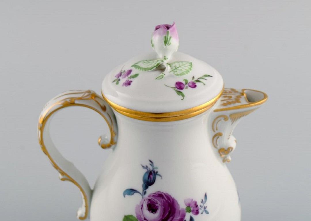 Porcelain Meissen Coffee Pot, Sugar Bowl and Cream Jug with Hand-Painted Flowers For Sale