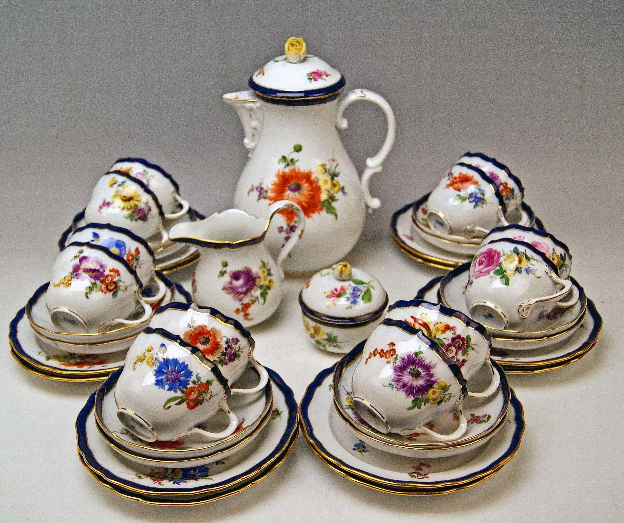 We invite you here to look at a splendid Meissen Coffee Set for twelve persons: 

This coffee set is of FINEST APPEARANCE due to gorgeous various multicolored flower paintings: 
Flower bouquets and smaller flowers laid on white porcelain = this