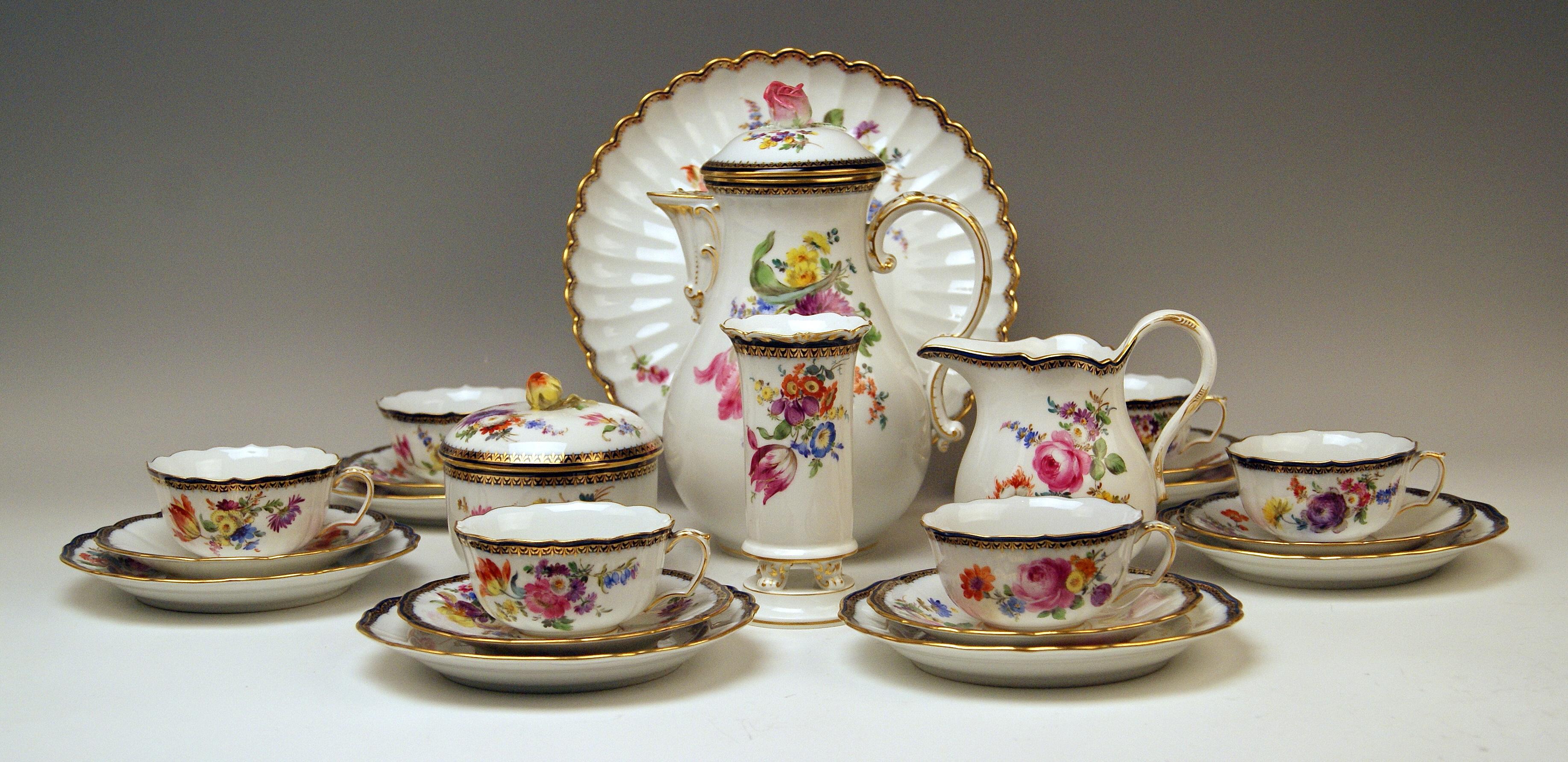 We invite you here to look at a splendid Meissen coffee set for six persons: 

This coffee set is of finest appearance due to gorgeous various multicolored flower paintings: 
Flower bouquets and smaller flowers laid on white porcelain = this