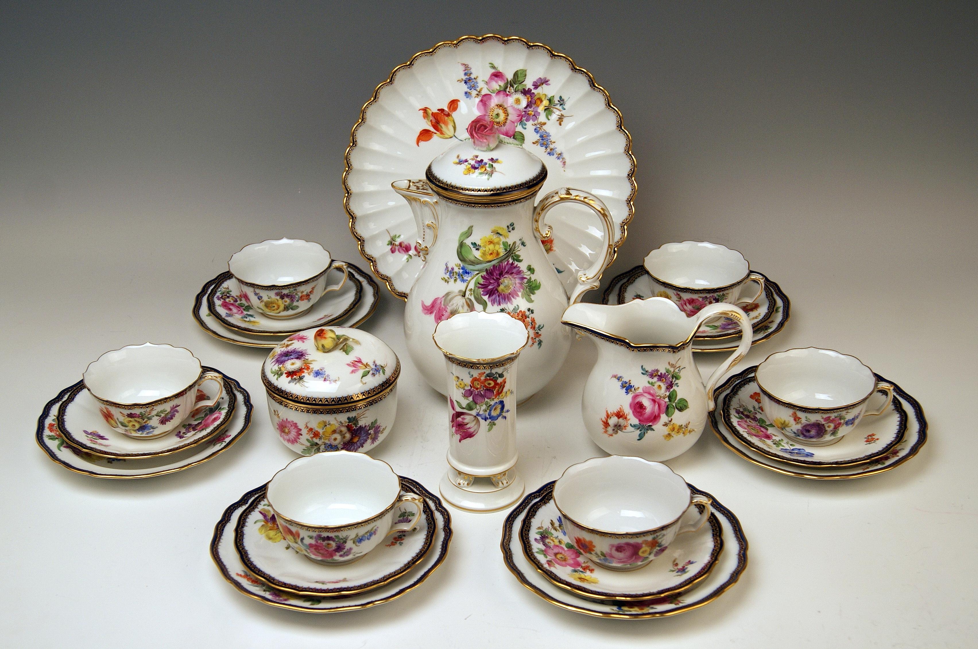 Austrian Meissen Coffee Set Flower Bouquet Nr. 111120 Six Persons Pfeiffer Period