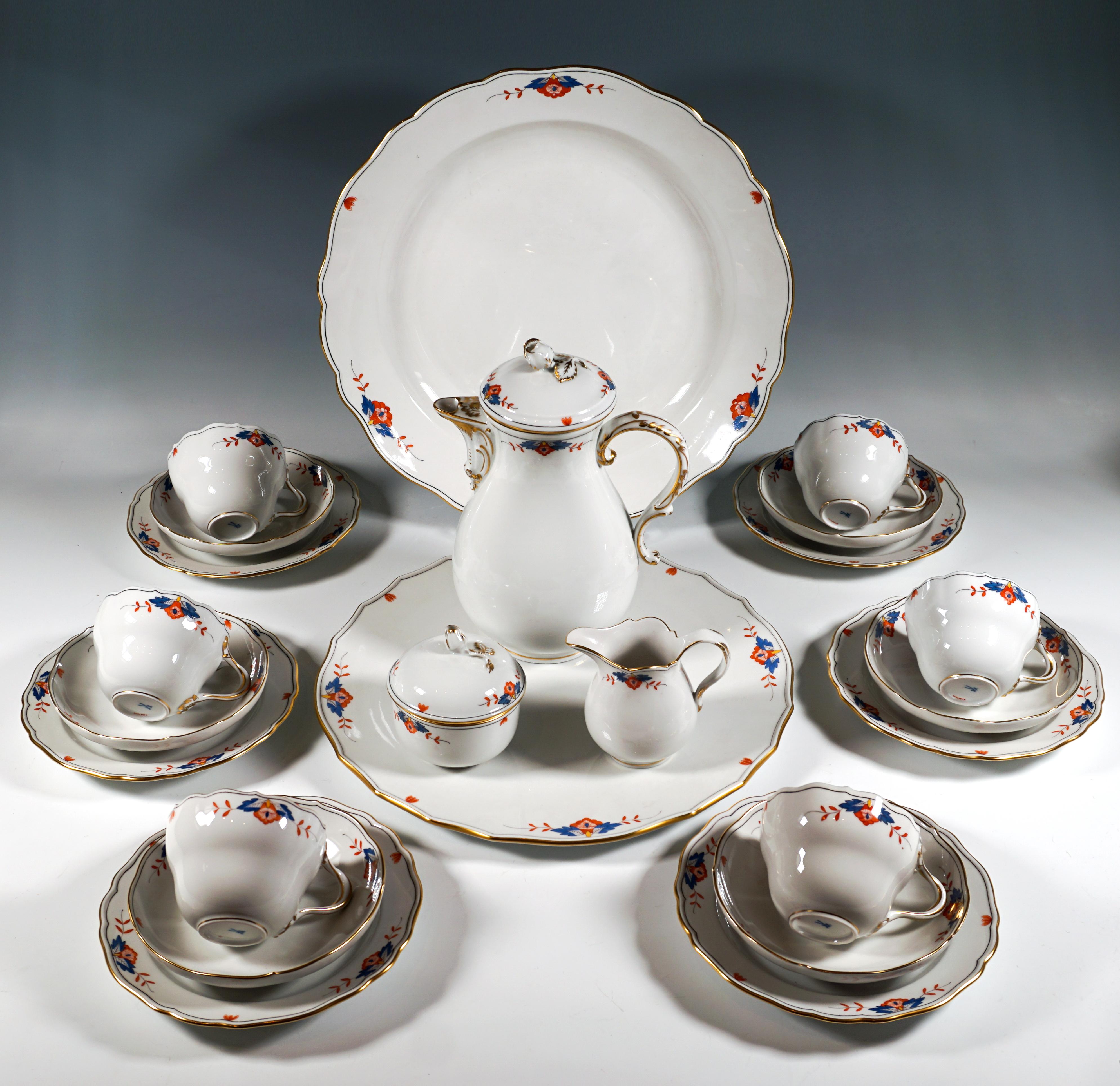 Meissen Coffee & Dessert Set for 6 Persons:
Decor number 363610 - Diadem, Indian border No. 129 - light, colourful with copper tones, gold edge

23 parts:
1 Coffee pot with lid  - H =  24,0 cm /  9.44 in
1 Creamer  - H =   9,0 cm /  3.54 in
1 Sugar