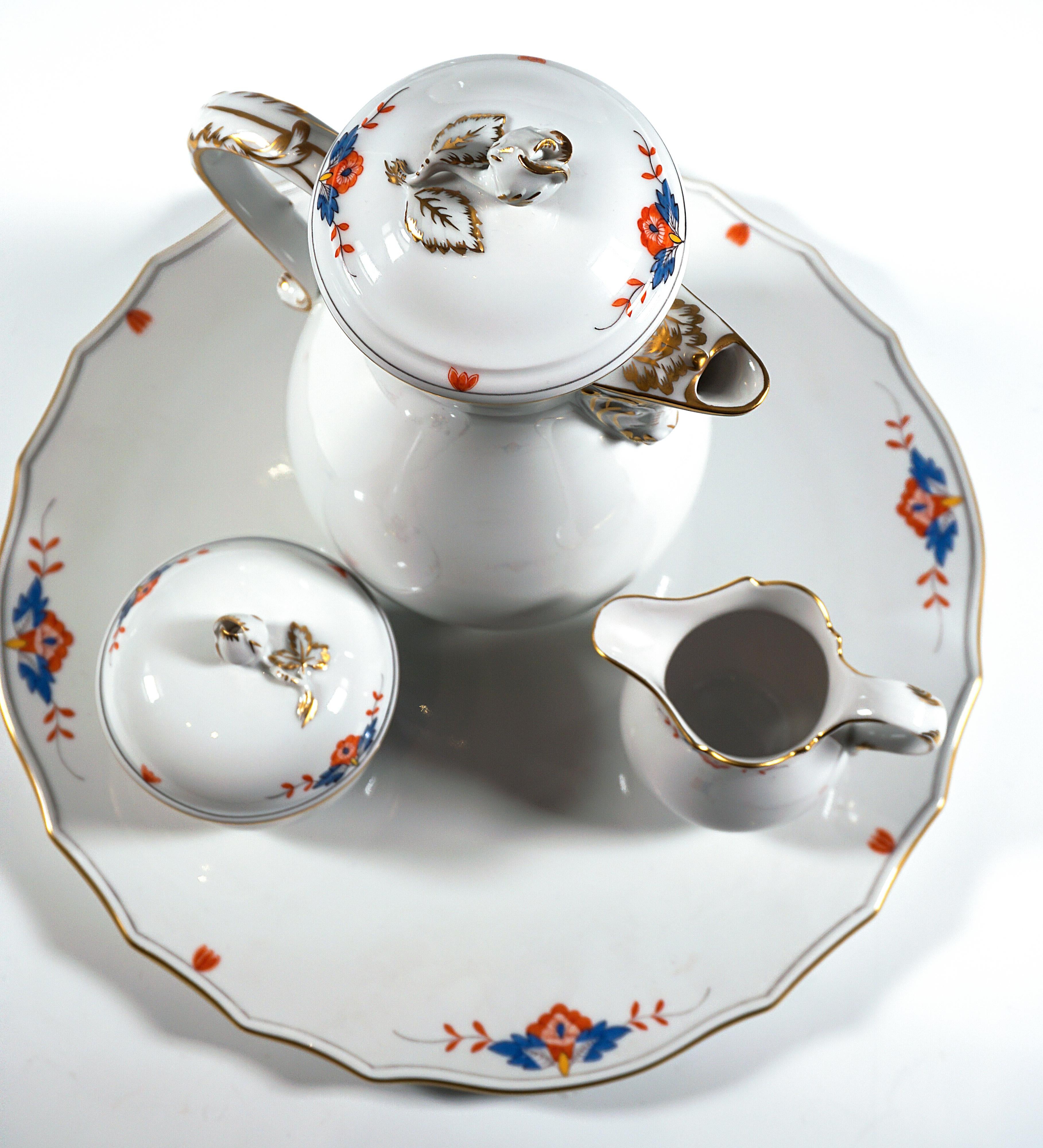 Painted Meissen Coffee Set For 6 Persons Diadem, Indian Border No. 129, 20th Century For Sale