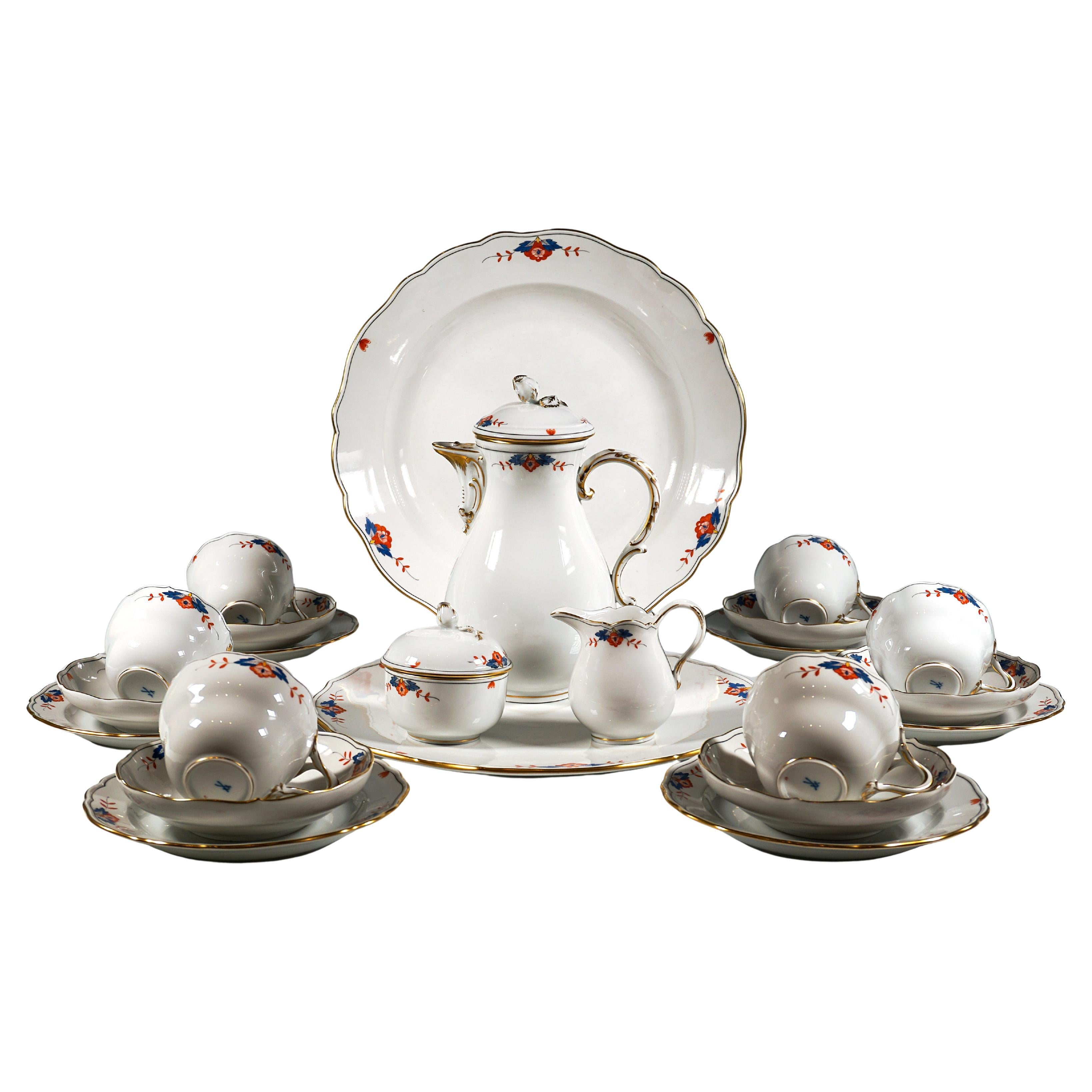 Juego de café Meissen para 6 personas Diadema, borde indio nº 129, Siglo XX