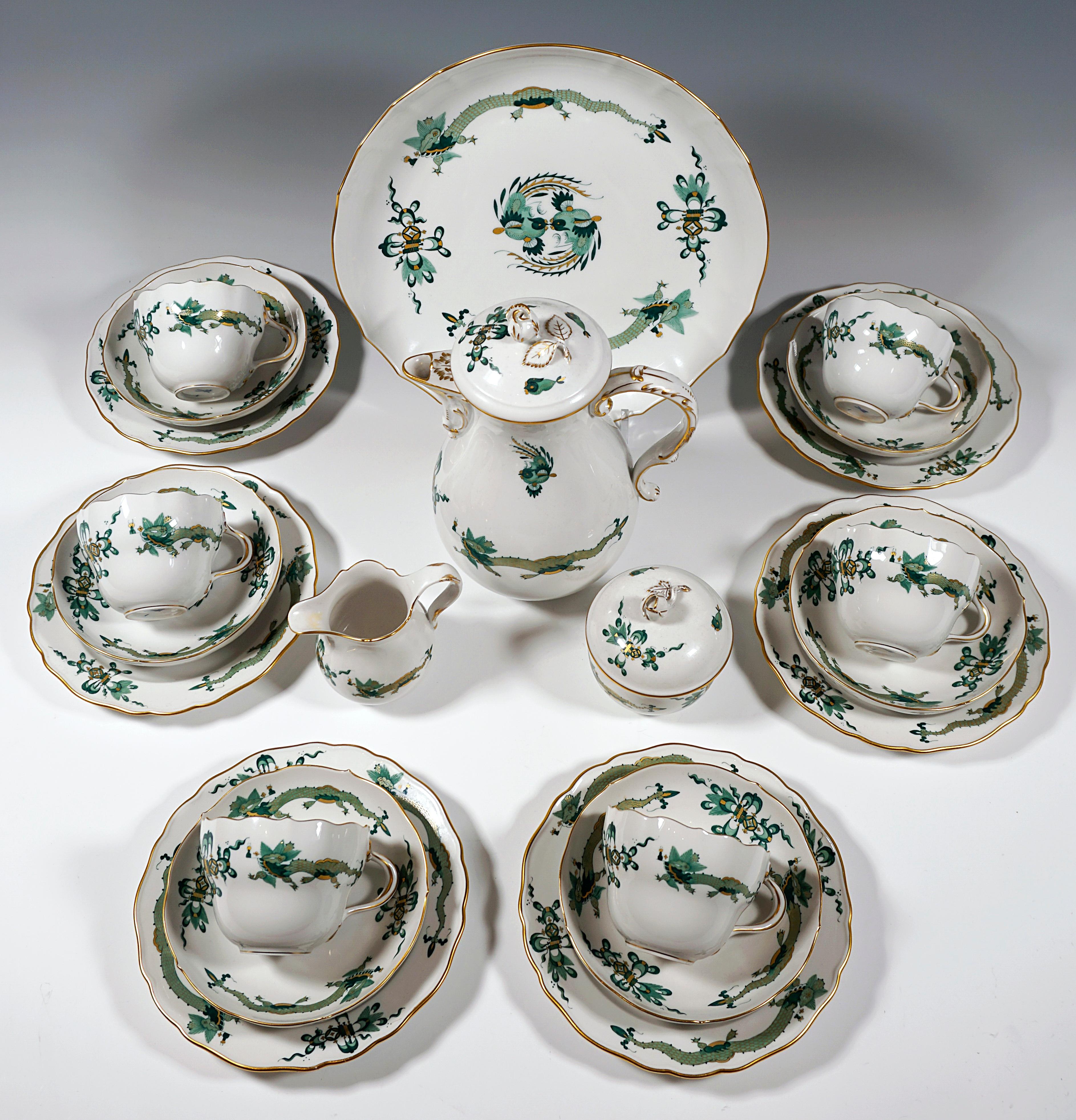 Meissen Coffee Set for 6 Persons,
decor number 320310 - Rich Dragon in greens shaded gold, gold rim

22 parts:
1 coffee pot with lid - height = 9.25 in
1 creamer - height = 3.74 in
1 sugar urn with did - height = 3.54 in
1 serving plate -