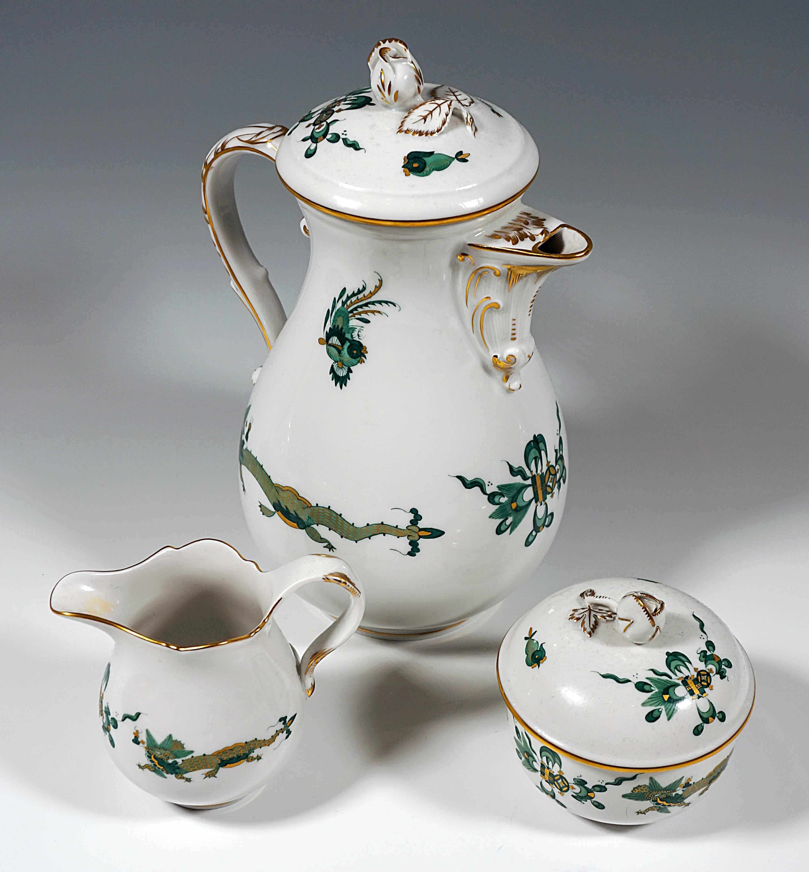 Hand-Crafted Meissen Coffee Set For 6 Persons Rich Dragon Green & Gold, 20th Century For Sale
