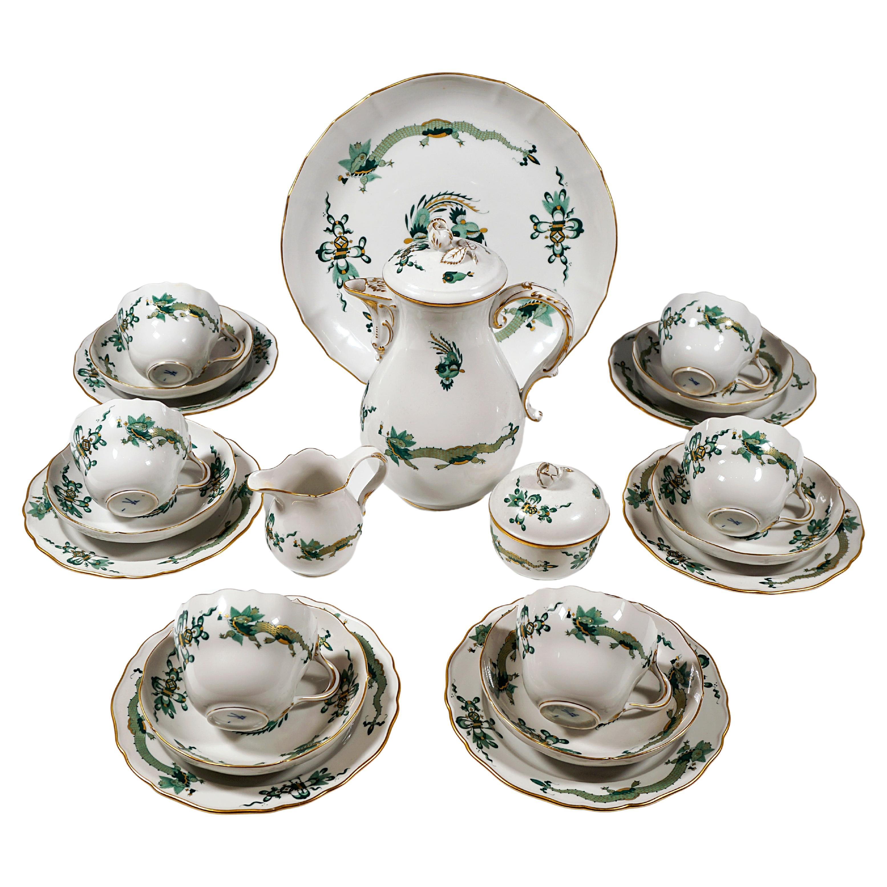 Meissen Coffee Set For 6 Persons Rich Dragon Green & Gold, 20th Century For Sale