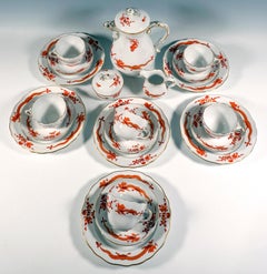 Meissen Coffee Set For 6 Persons Rich Dragon Red & Gold, 20th Century