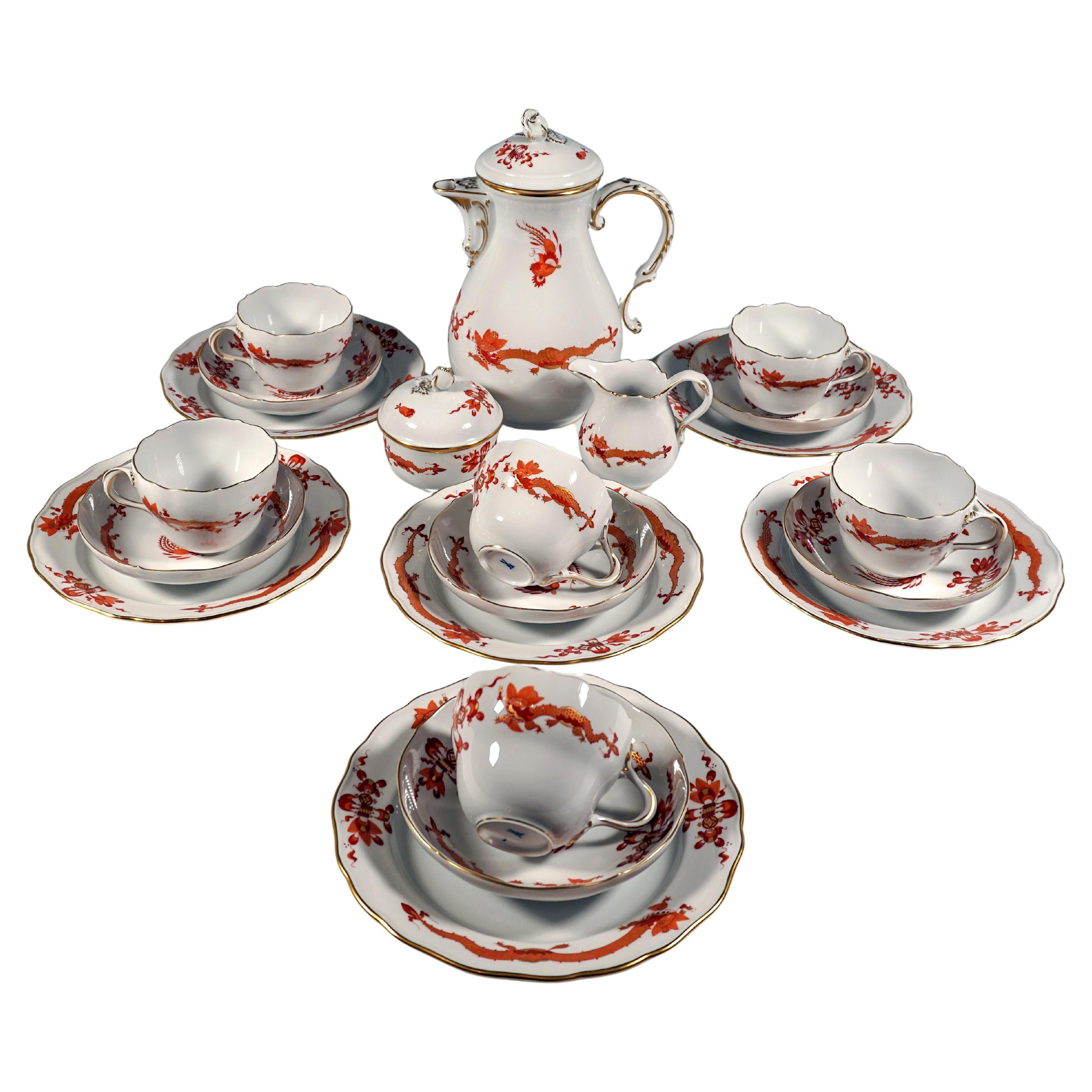 Meissen Coffee Set For 6 Persons Rich Dragon Red & Gold, 20th Century