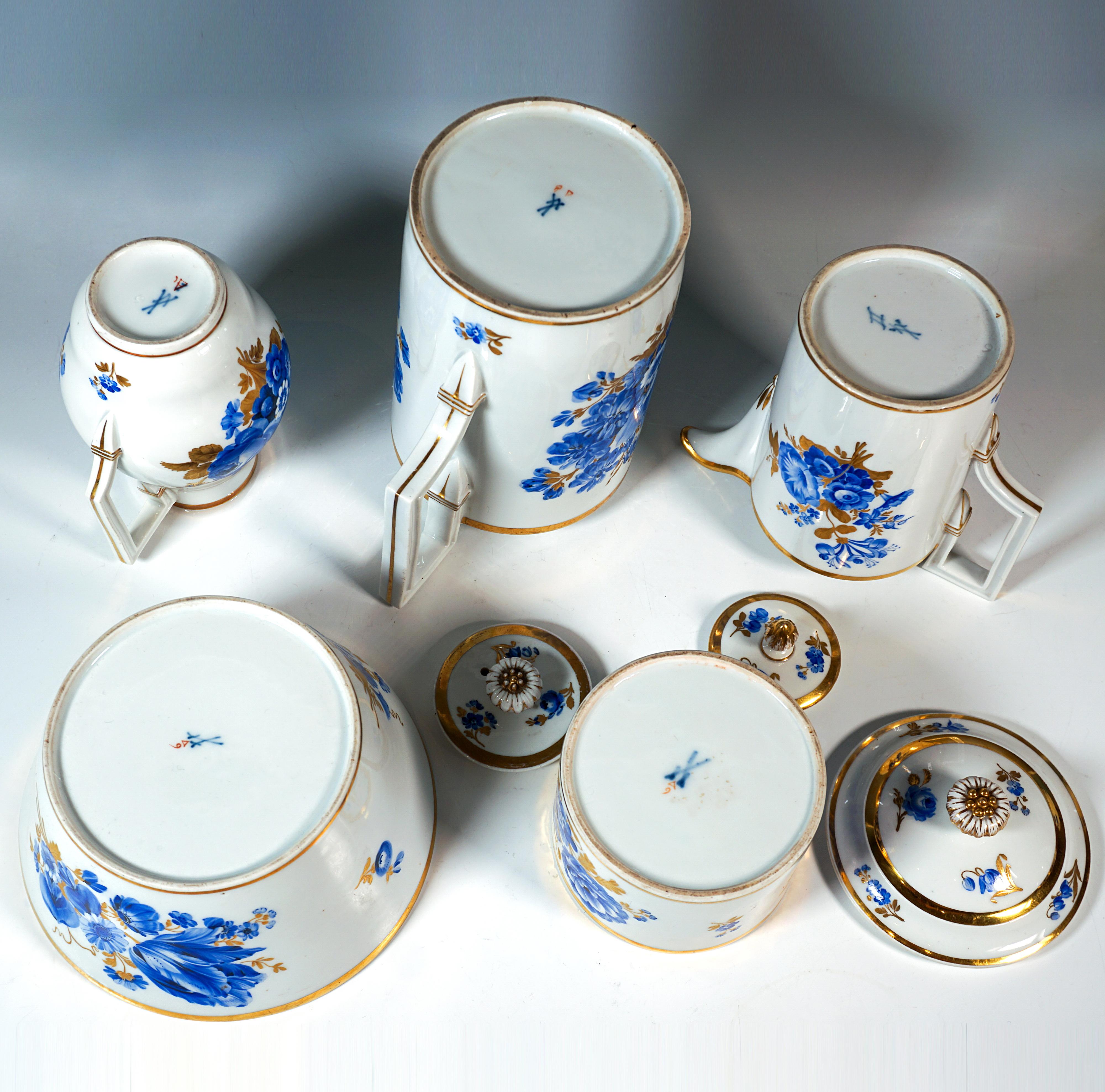 Baroque Meissen Coffee Set For 9 Persons With Cobalt Bouquet Painting & Gold, Early 19th
