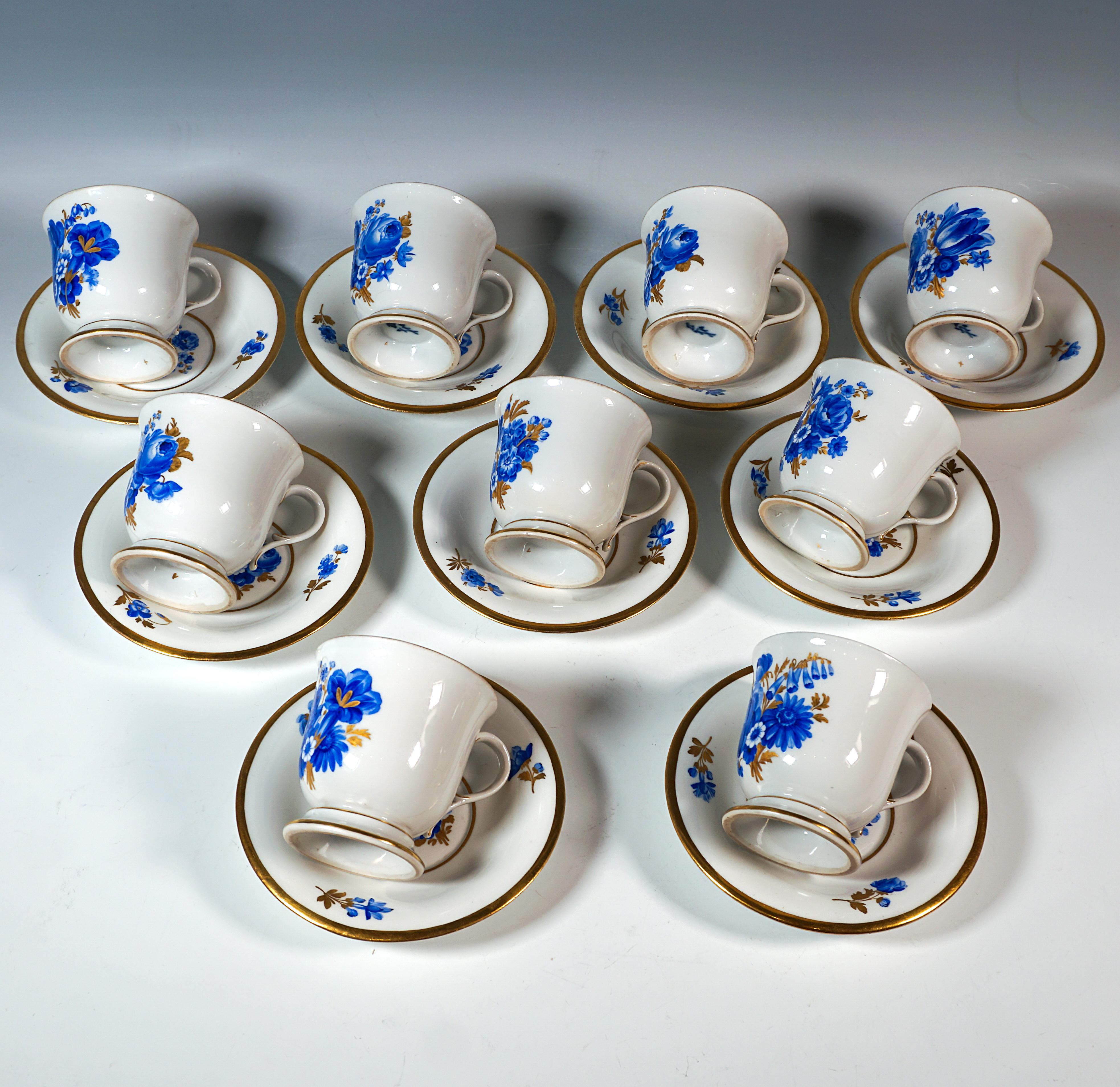 Hand-Crafted Meissen Coffee Set For 9 Persons With Cobalt Bouquet Painting & Gold, Early 19th