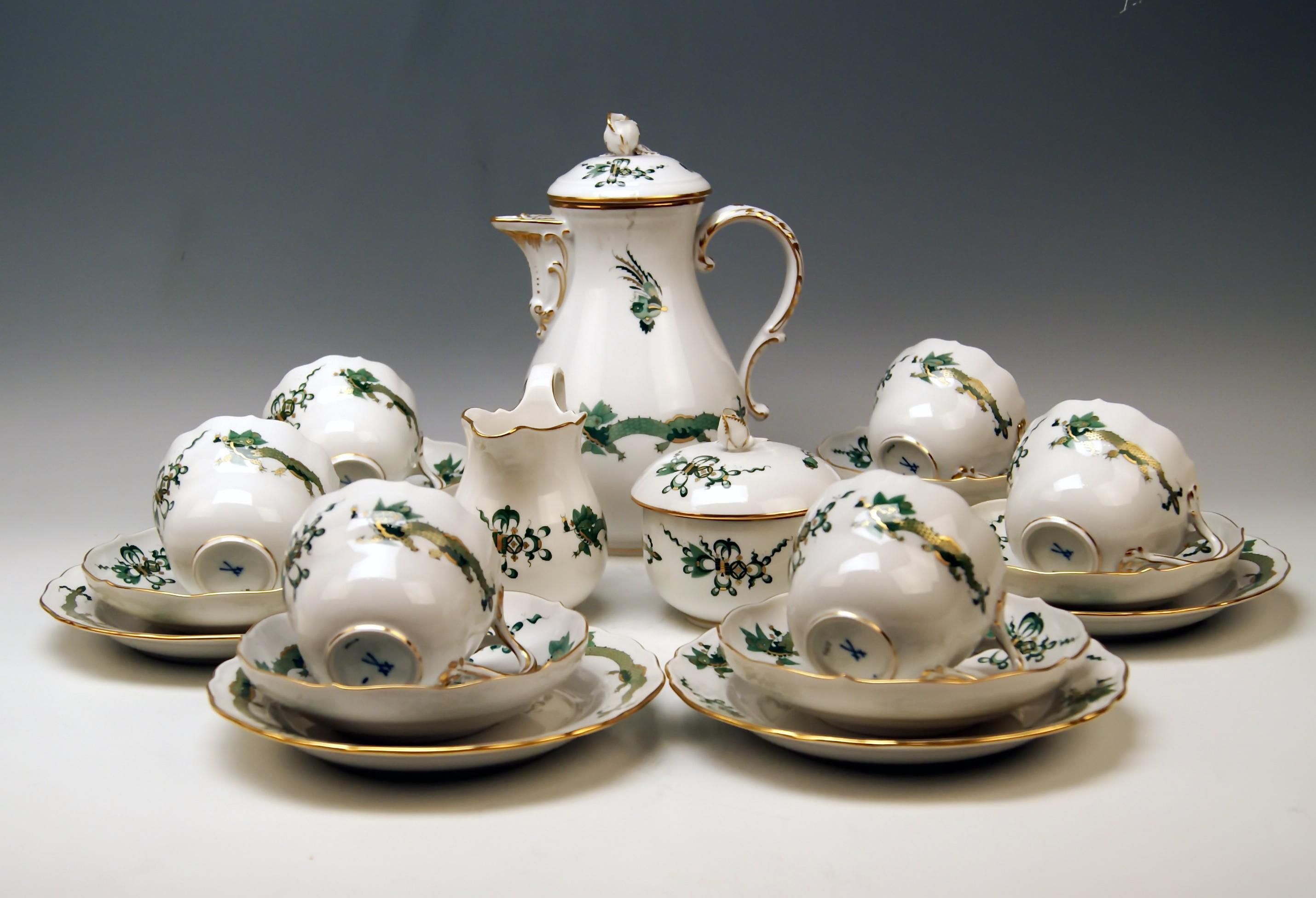 We invite you here to look at a splendid Meissen coffee set for six persons: 
This coffee set is of finest appearance due to gorgeous Chinese-like green flower paintings: 
Decor rich green dragon with gold laid on white porcelain / golden painted