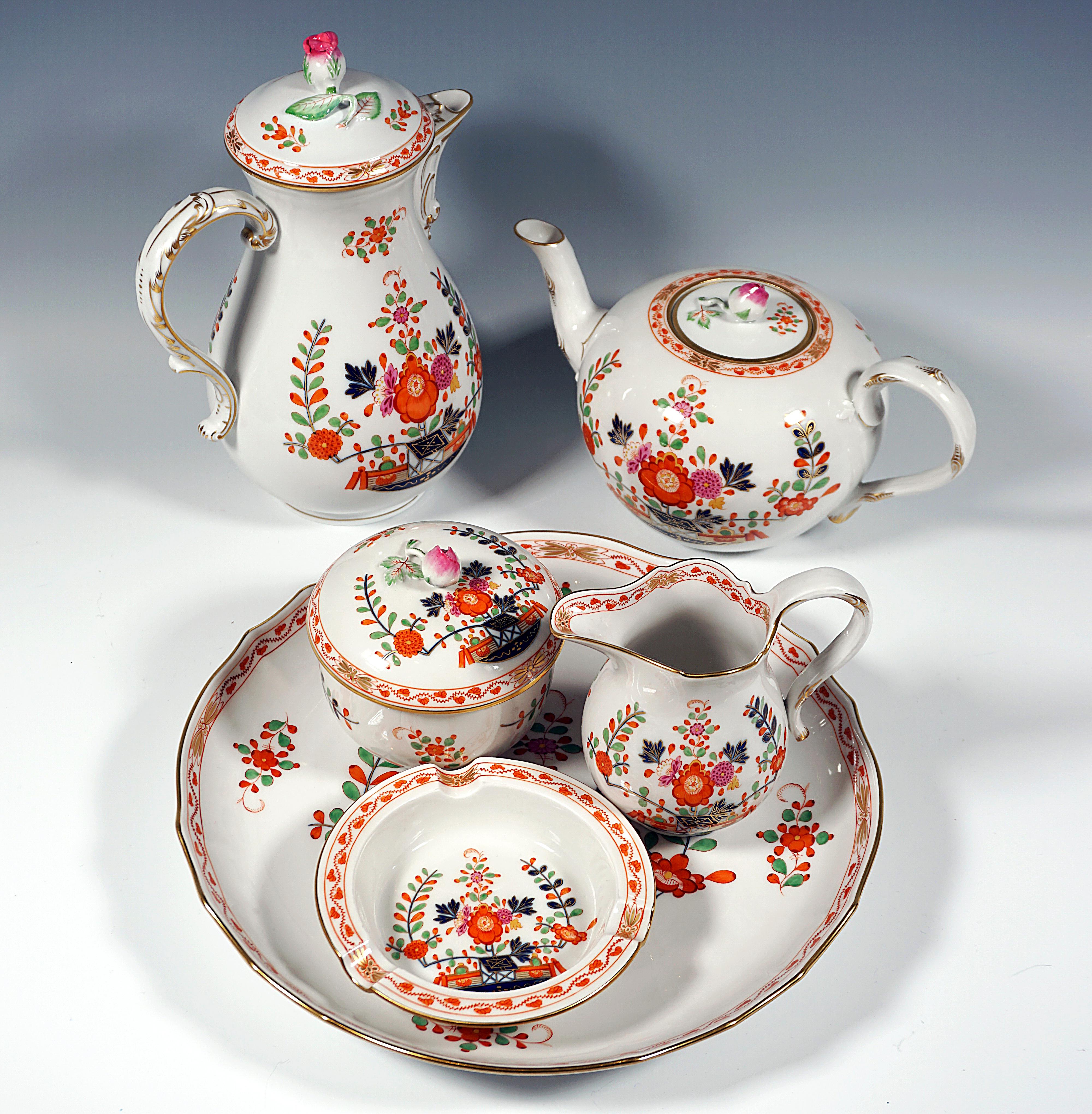 Baroque Meissen Coffee & Tea Set For 6 People, Indian Flowers Coloured & Gold, 20th C. For Sale