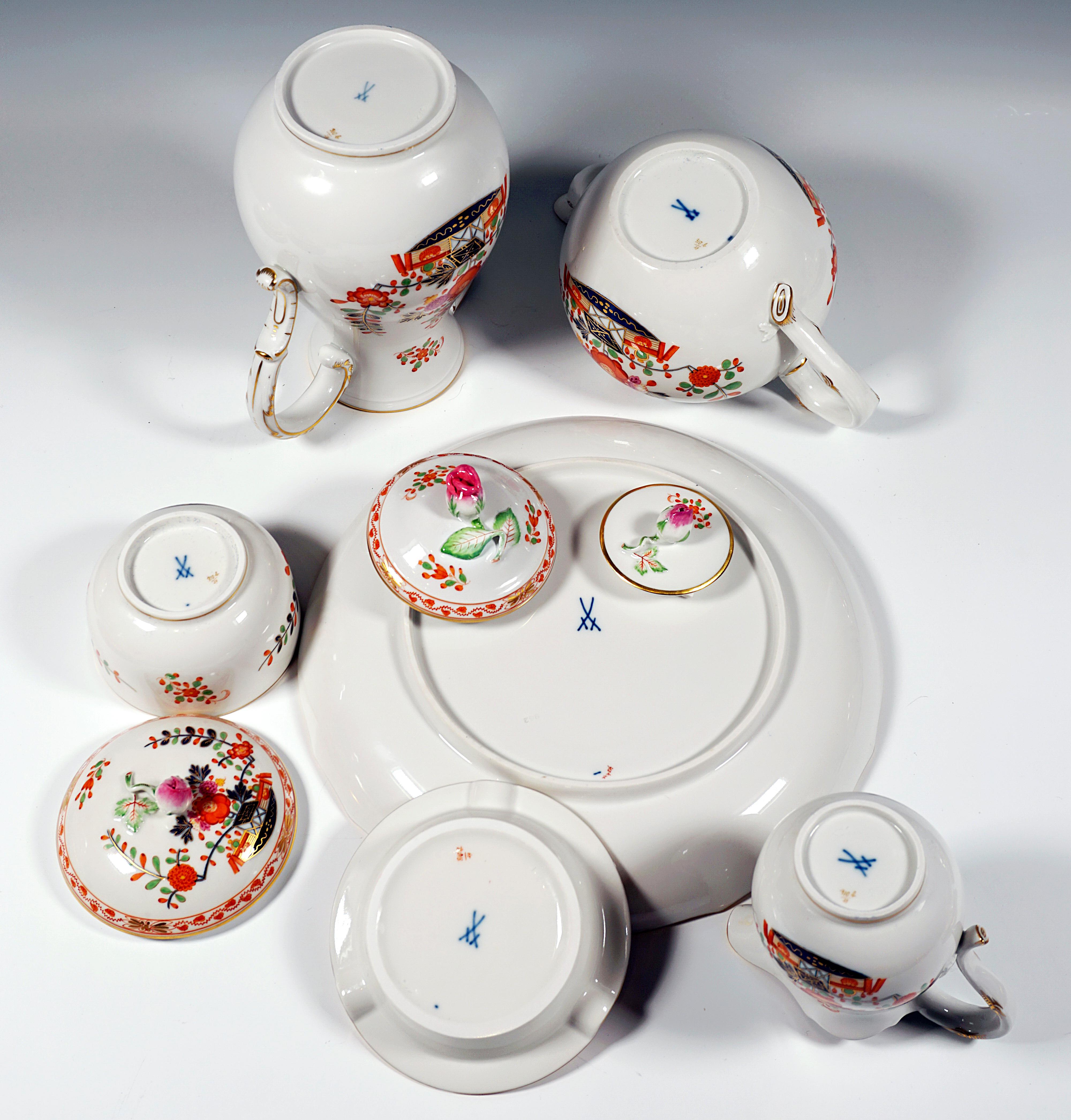 German Meissen Coffee & Tea Set For 6 People, Indian Flowers Coloured & Gold, 20th C. For Sale