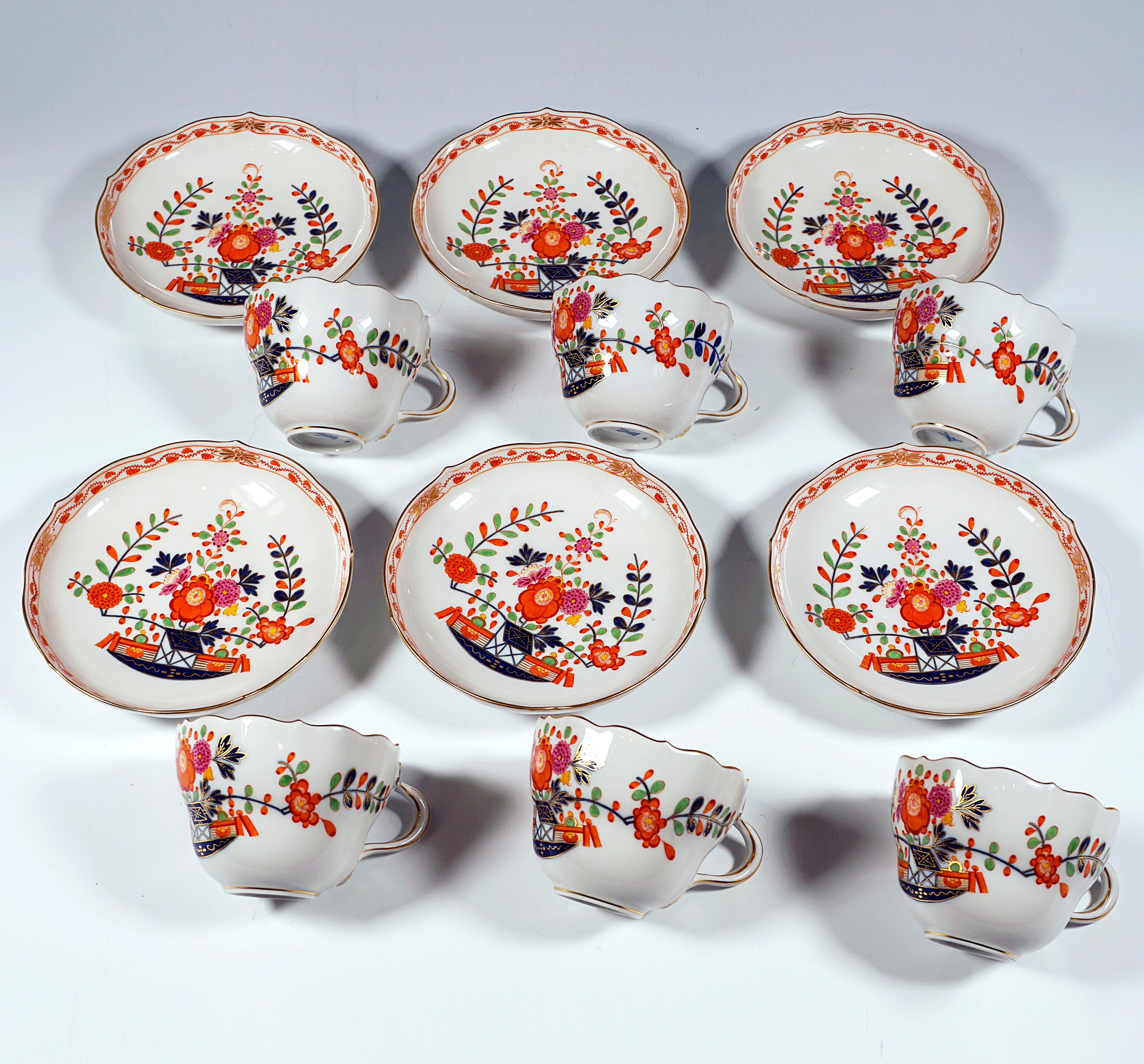 Porcelain Meissen Coffee & Tea Set For 6 People, Indian Flowers Coloured & Gold, 20th C.