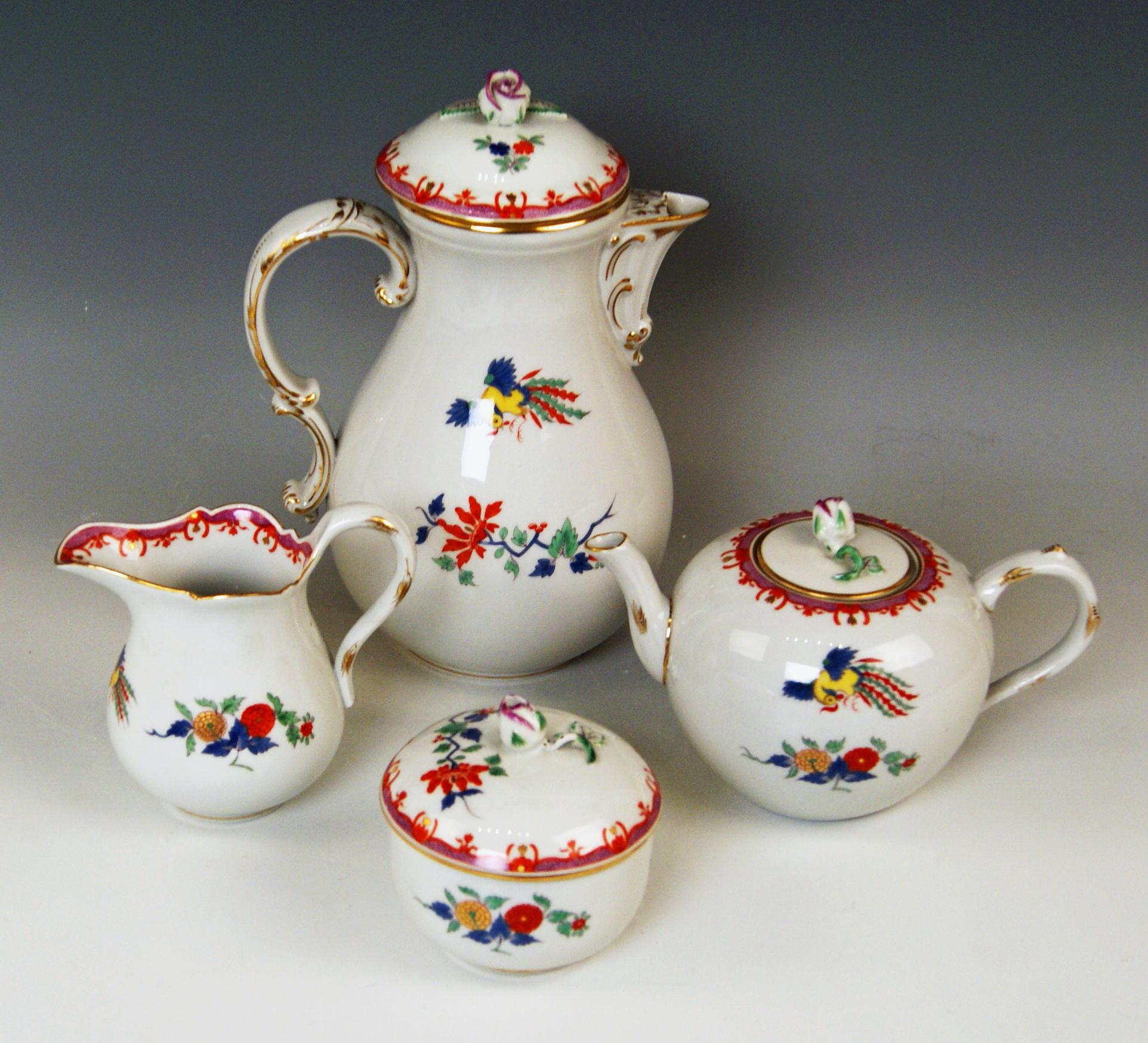 German Meissen Coffee Tea Set Twelve Persons Purple Chinese Flowers Hens & Cocks