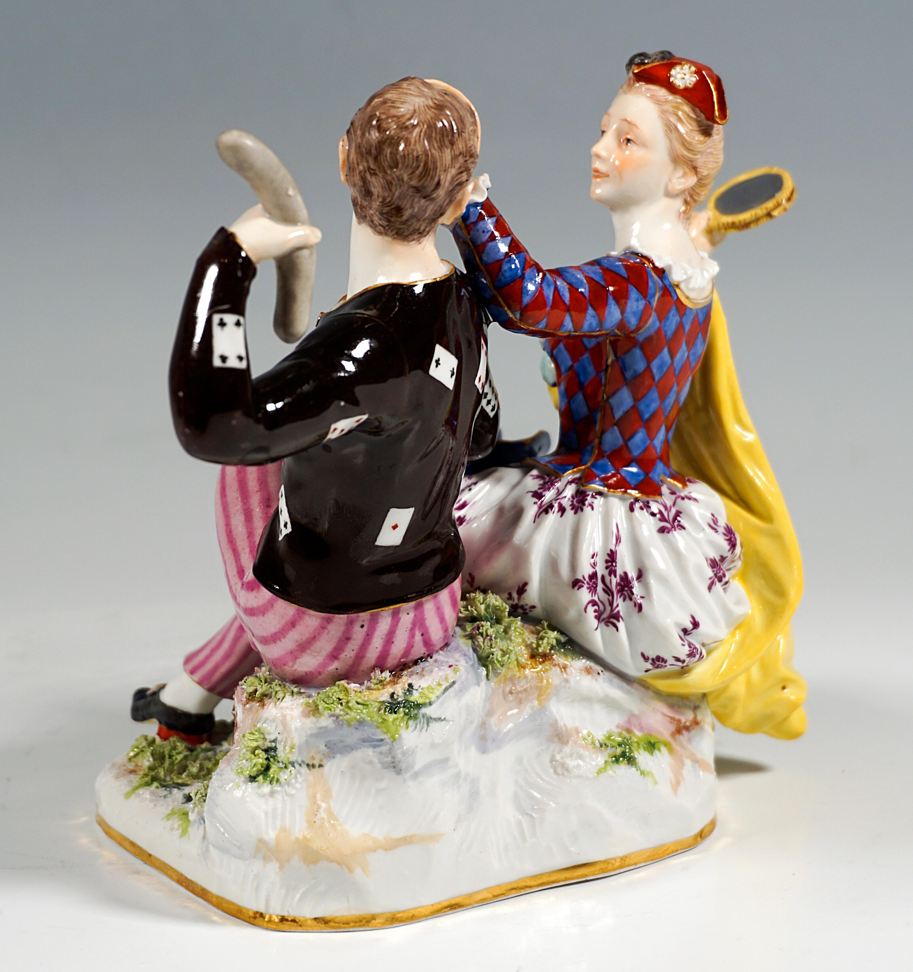 Allemand Groupe Commedia Dell' Arte de Meissen Harlequin & Columbina, par Kaendler, vers 1860 en vente