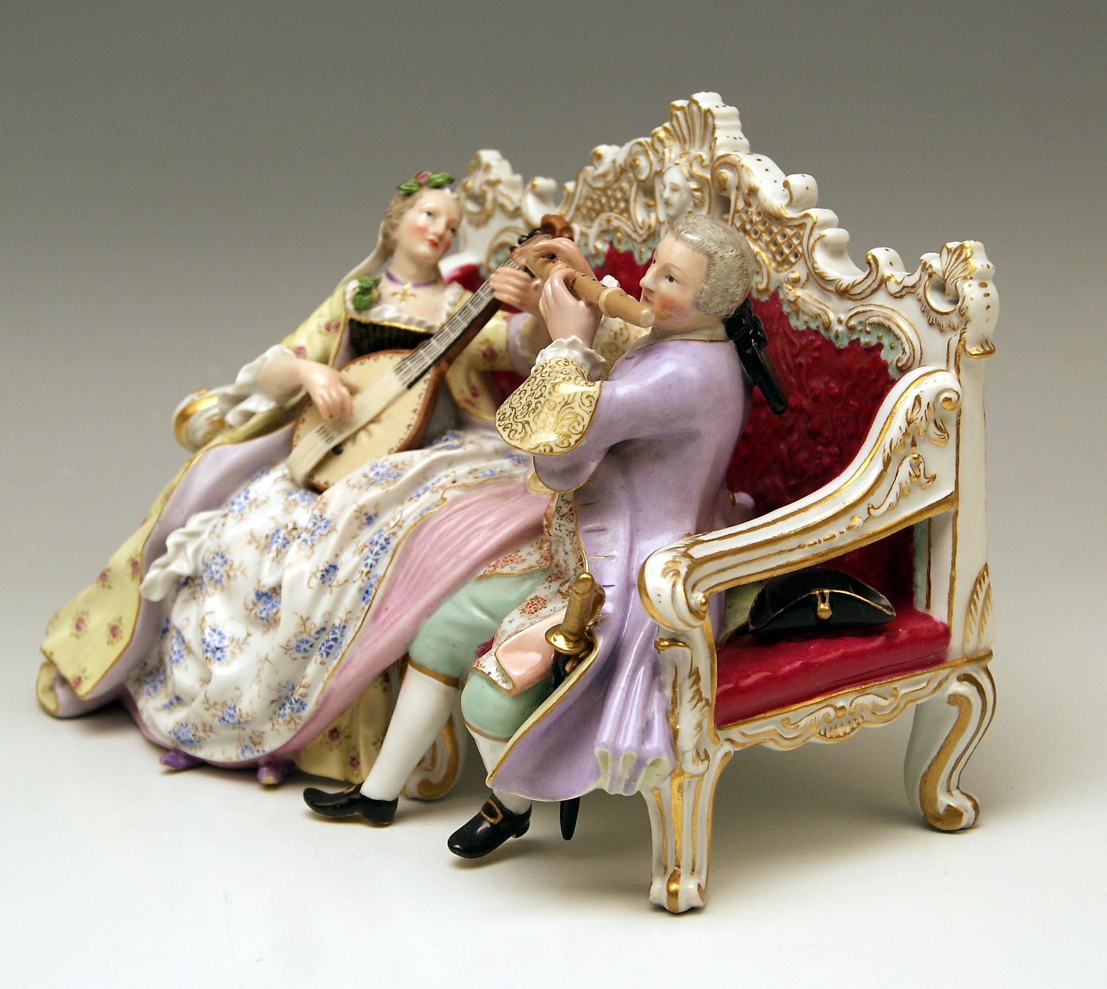 Rococo Meissen Couple Musicians on Settee Pug Dog Composer Hasse W 56 Kaendler