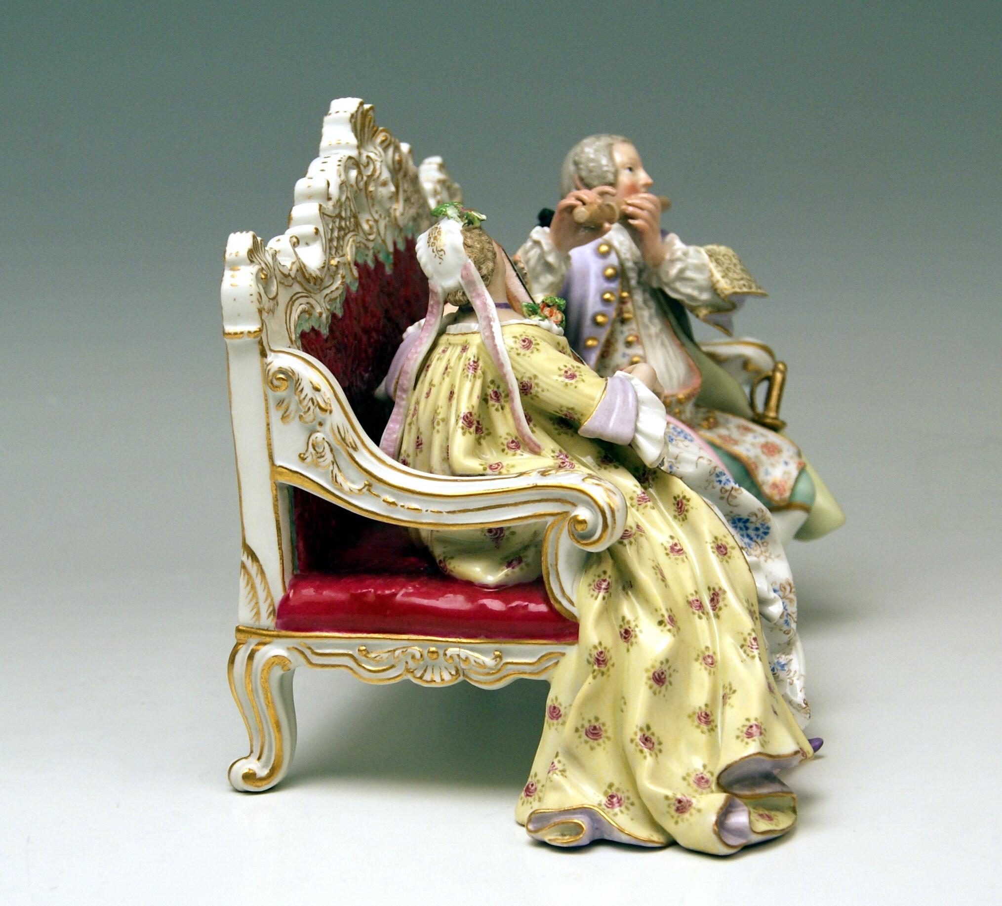 Painted Meissen Couple Musicians on Settee Pug Dog Composer Hasse W 56 Kaendler