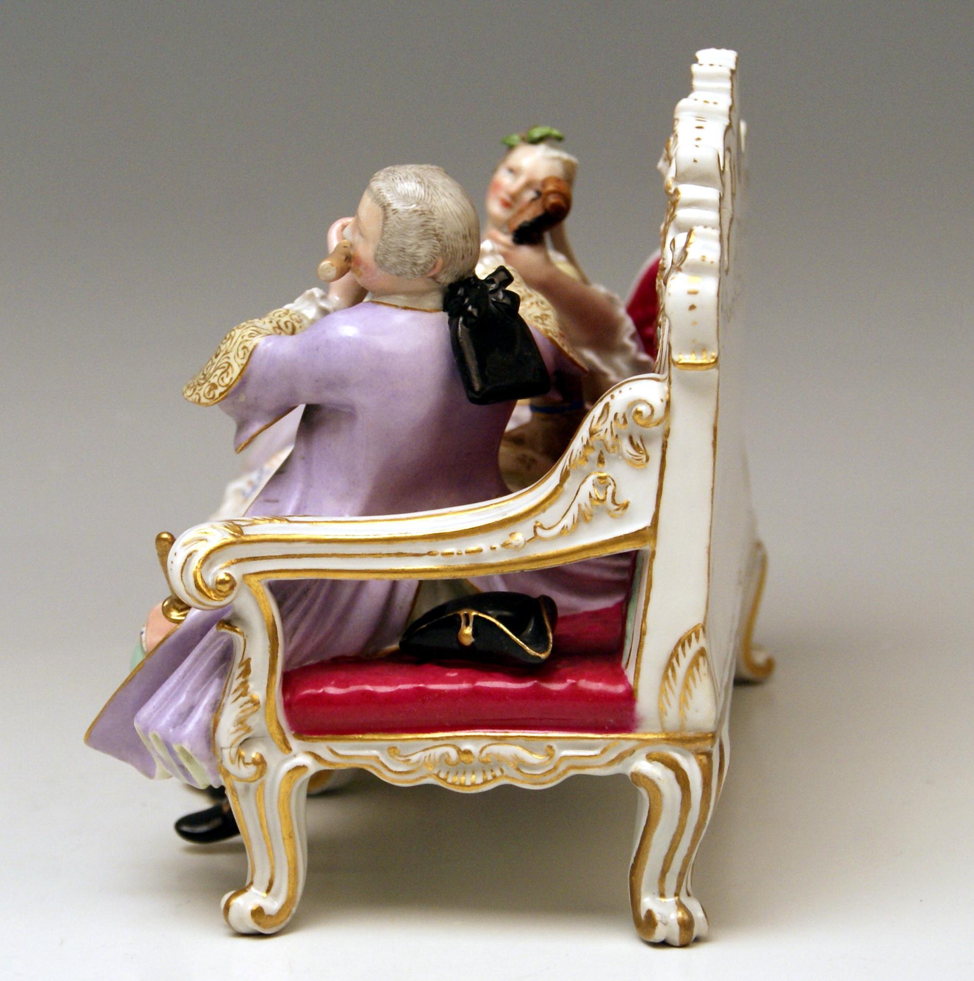 Late 19th Century Meissen Couple Musicians on Settee Pug Dog Composer Hasse W 56 Kaendler