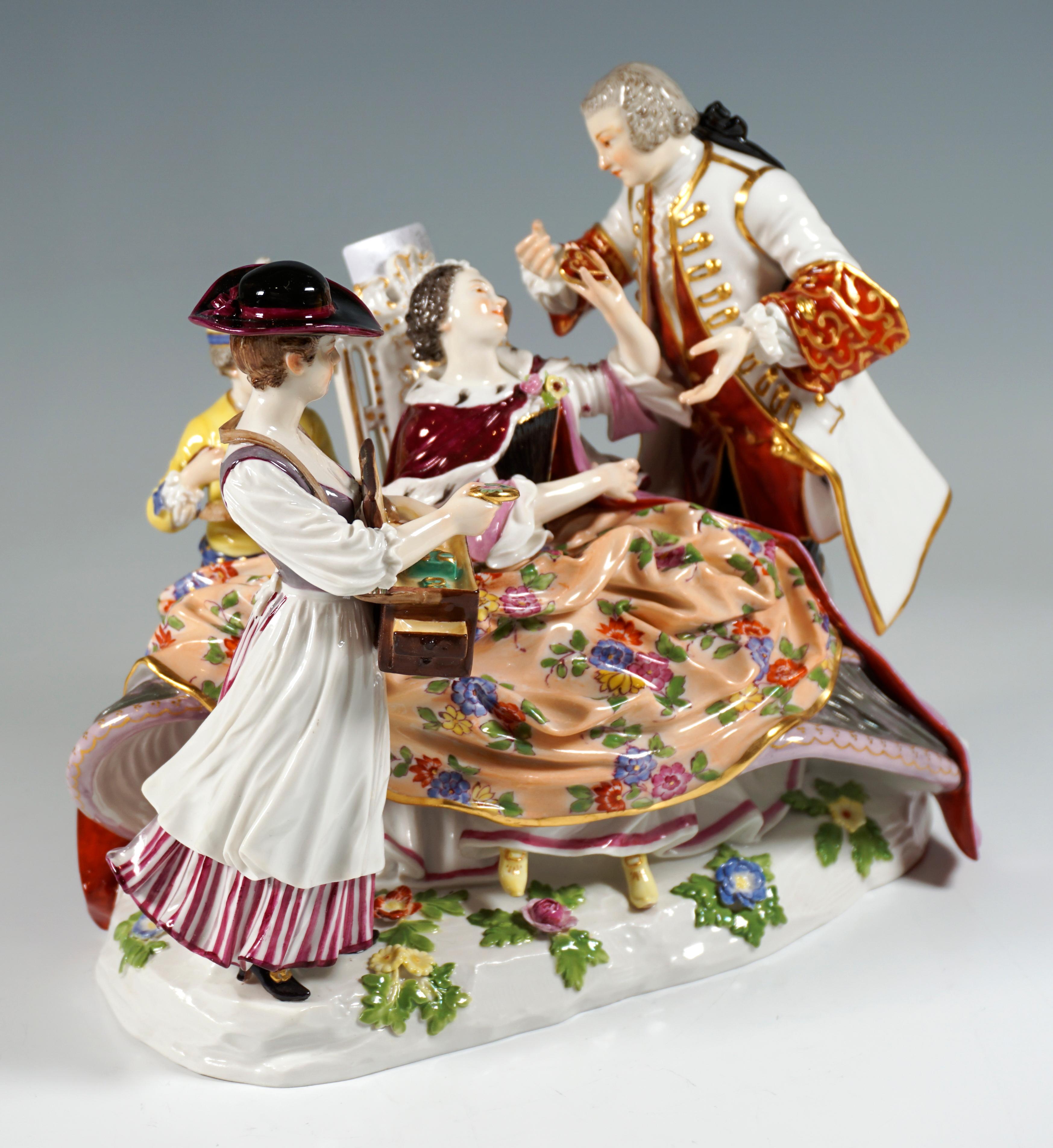 Hand-Crafted Meissen Crinoline Group 'The Heart Box Sale', by J.J. Kaendler, Germany, ca 1850