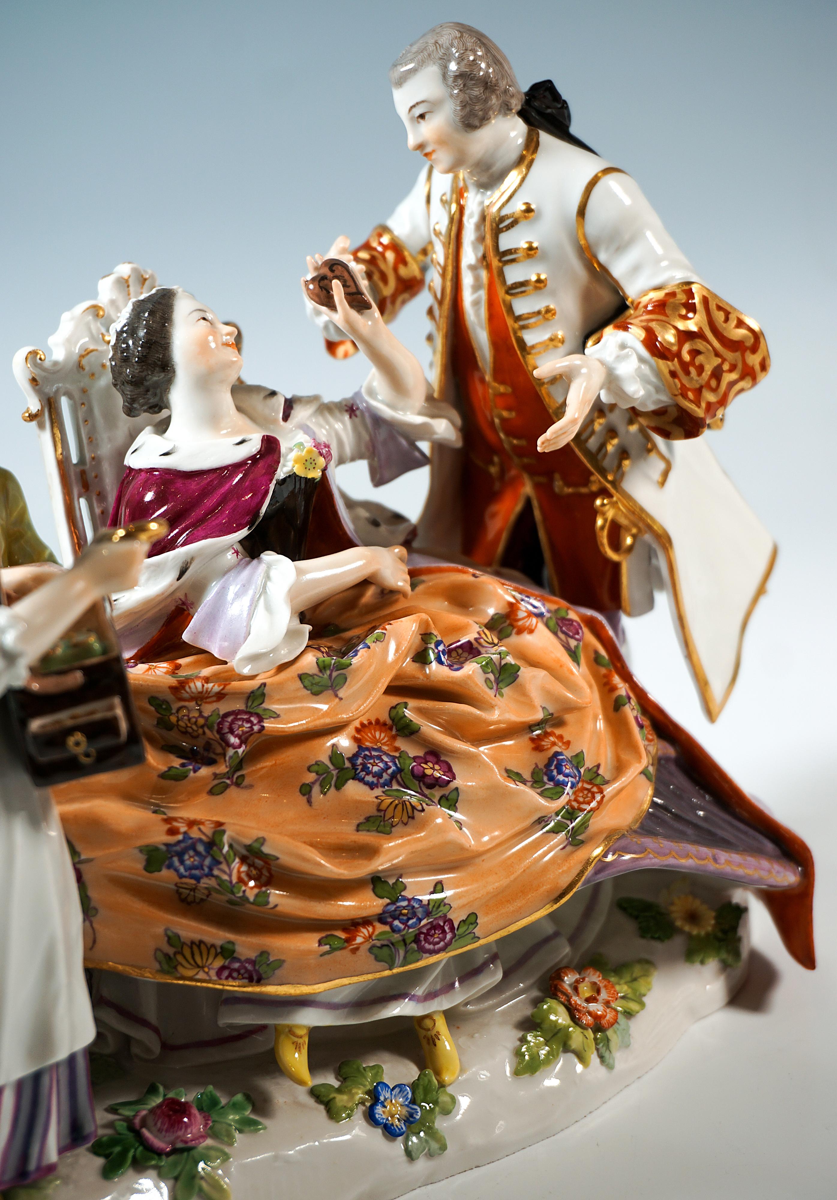 Milieu du XIXe siècle Groupe de crinolines de Meissen 'The Heart Box Sale', par J.J. Kaendler, Allemagne, vers 1850 en vente