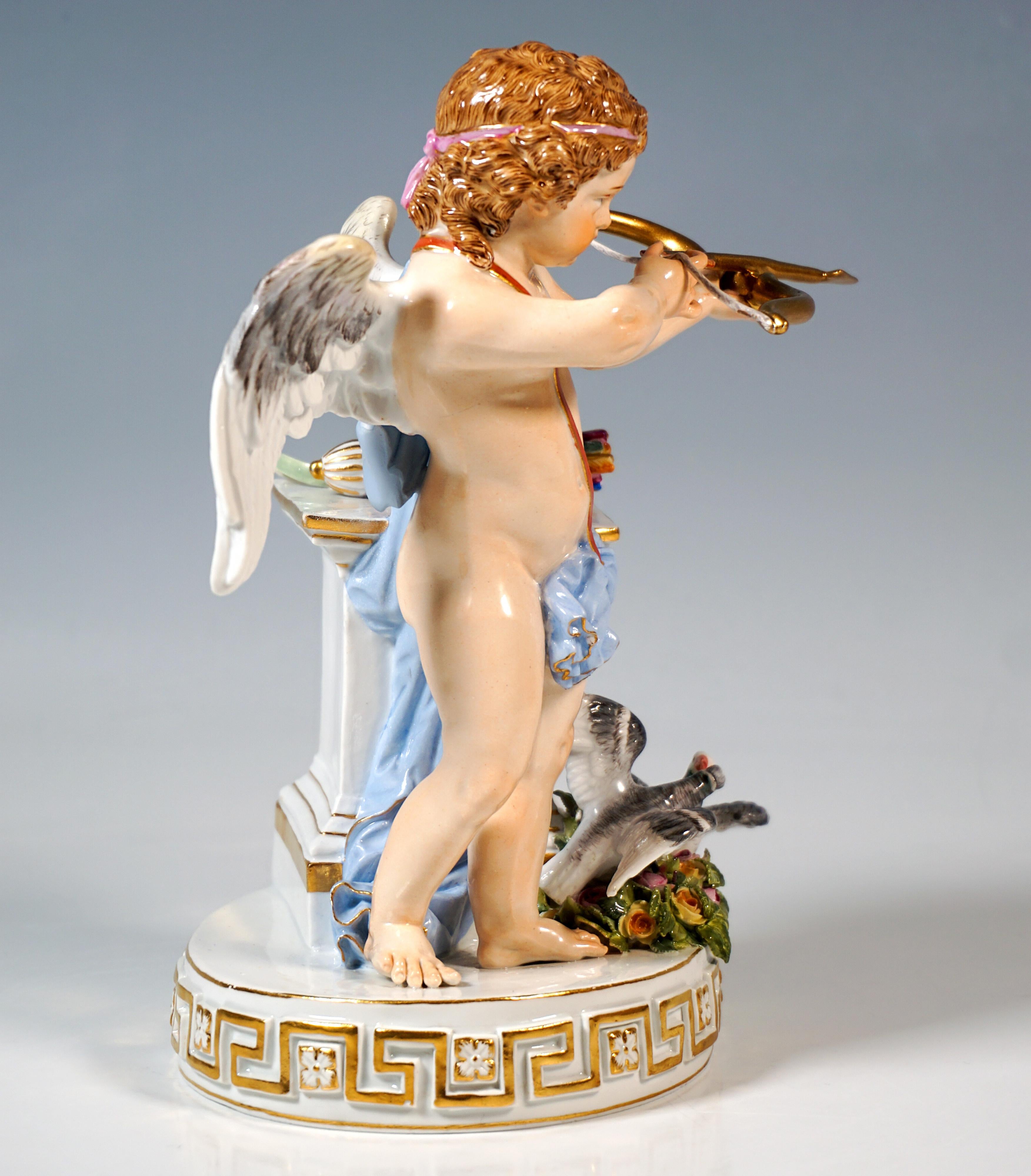 Excellent Meissen porcelain figure of the 19th century:
A winged Cupid, covered only with a cloth, his curls held back by a headband, holding his bow horizontally in front of him, drawing a love arrow and aiming at his target, his hips resting on a
