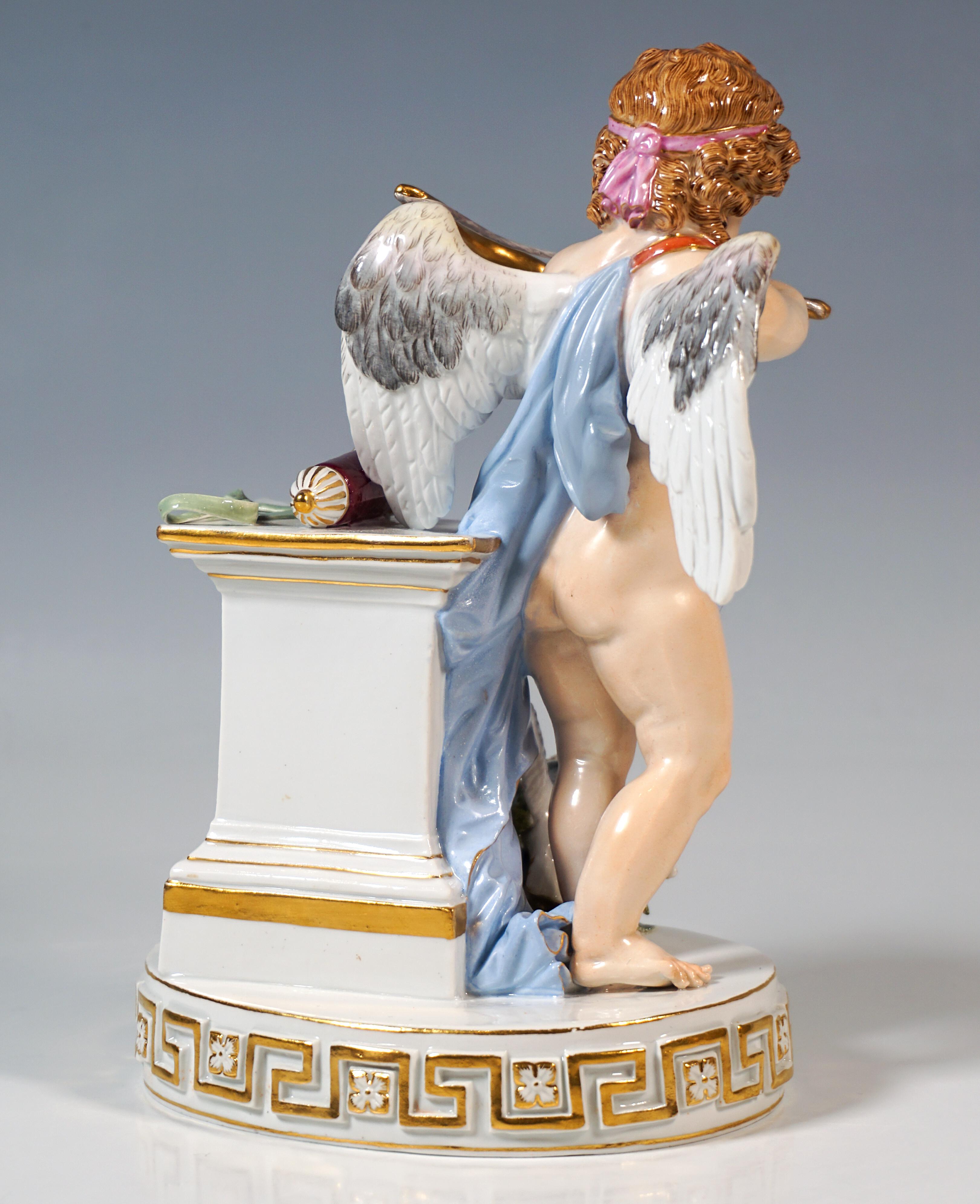 Baroque Meissen Cupid Figure 'Je Les Enflamme', By M. V. Acier, Germany, Circa 1870 For Sale