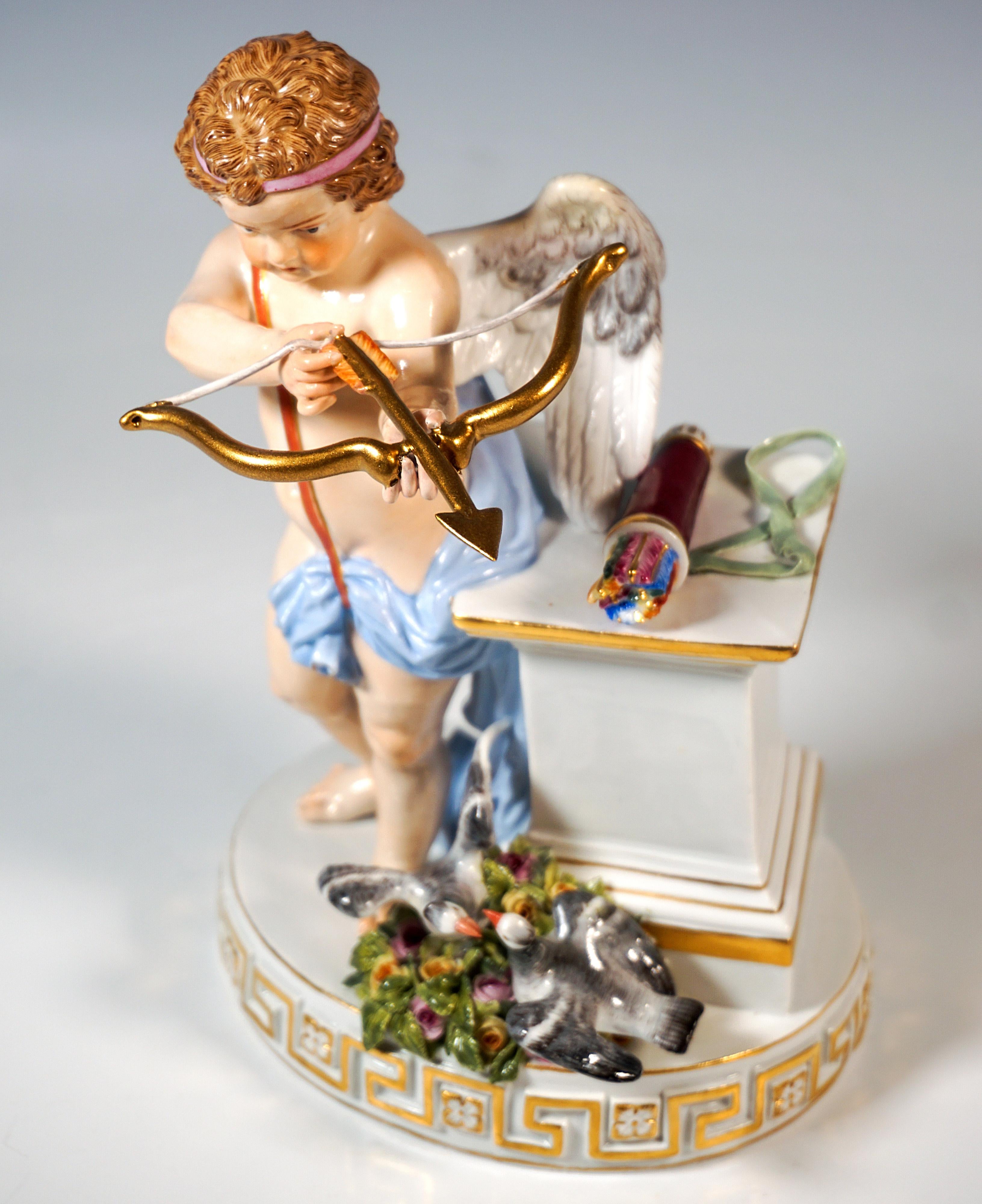 Porcelain Meissen Cupid Figure 'Je Les Enflamme', By M. V. Acier, Germany, Circa 1870 For Sale