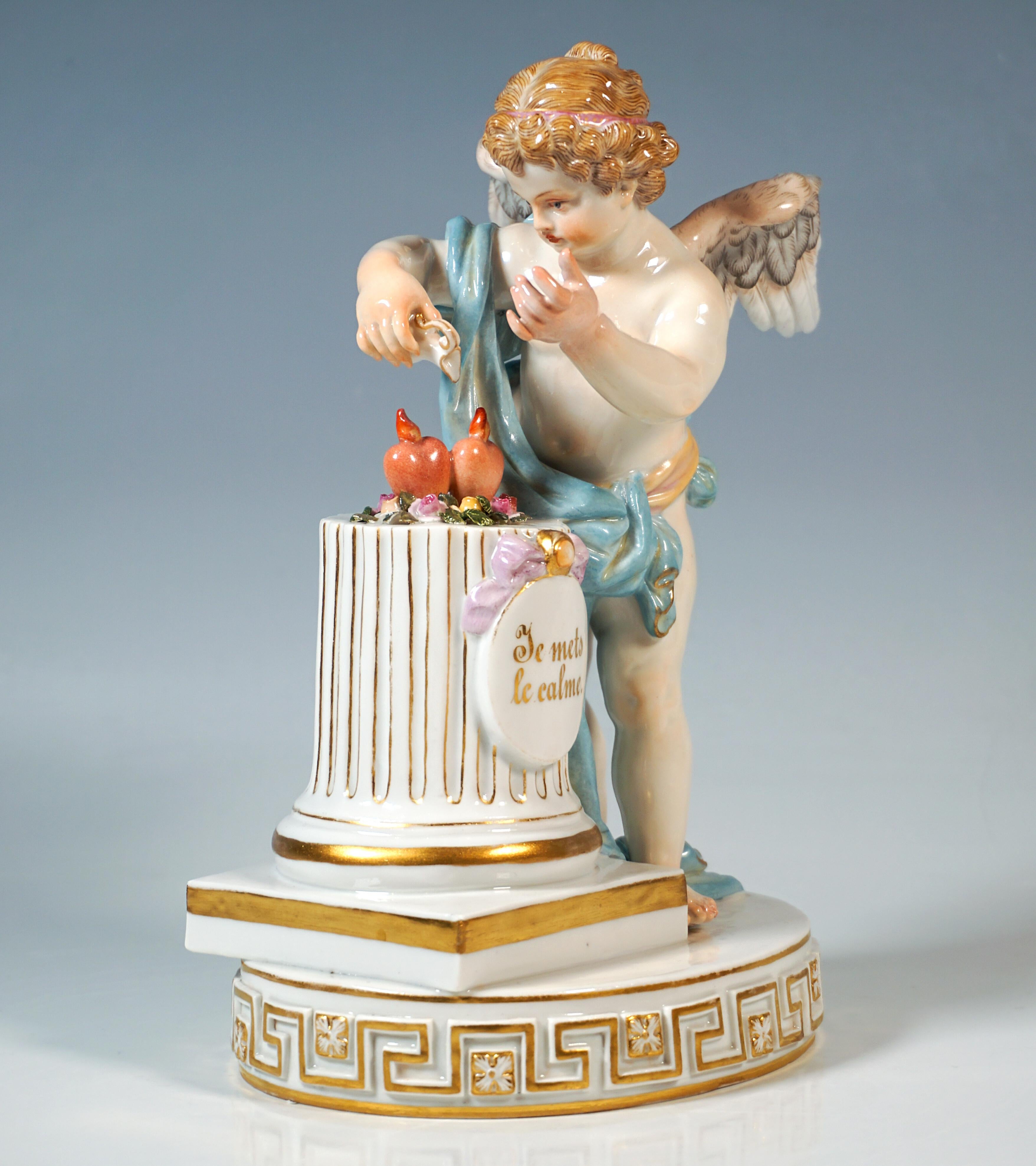 Excellent Meissen porcelain figure of the 19th century:
A winged cupid, covered only by a large, intricately woven cloth, his curls tamed by a headband, standing on a column-shaped pedestal on a square plinth and pouring a cooling liquid from a