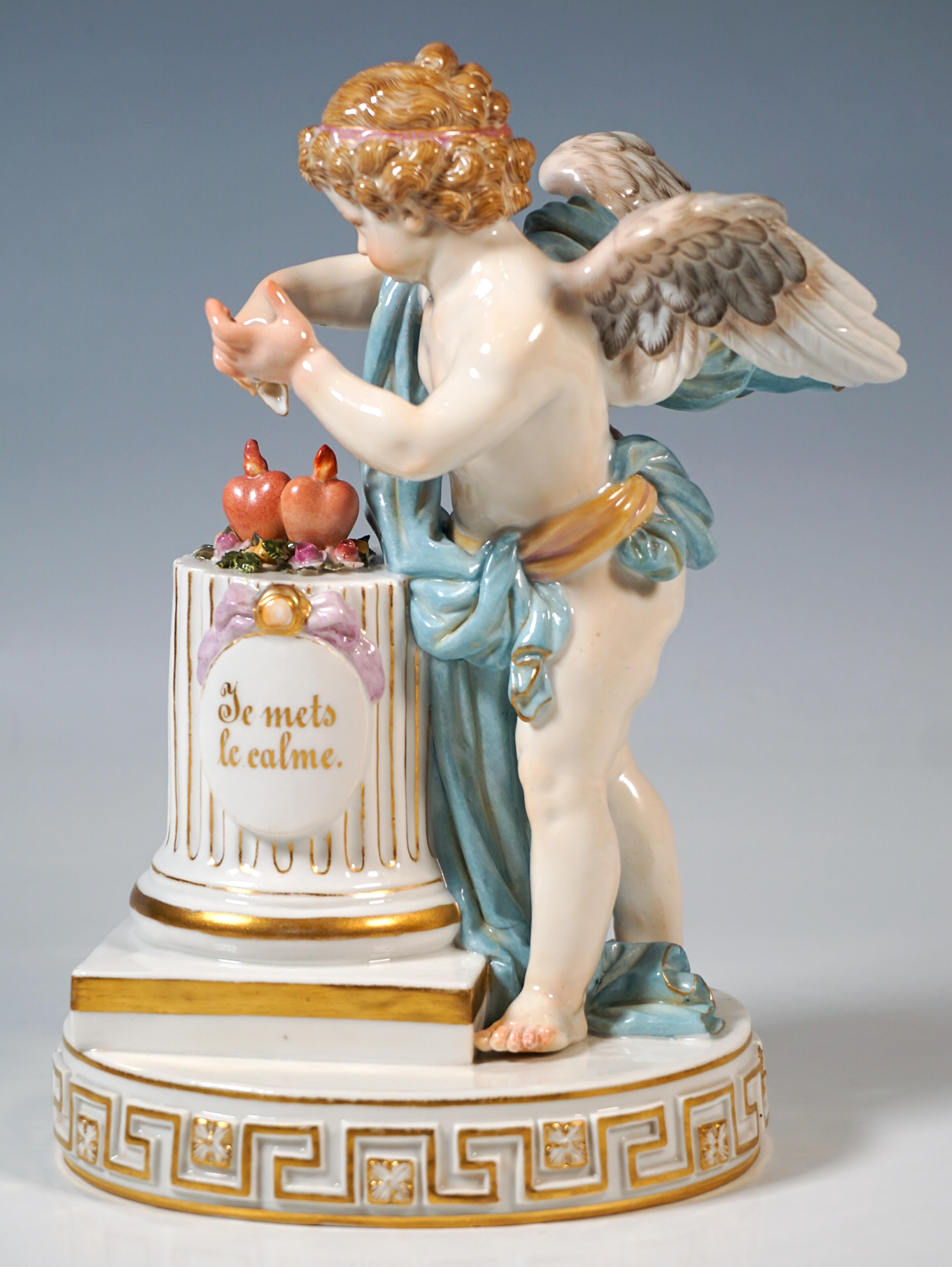 Late 19th Century Meissen Cupid Figure 'Je Mets Le Calme', By M. V. Acier, Germany, Circa 1870