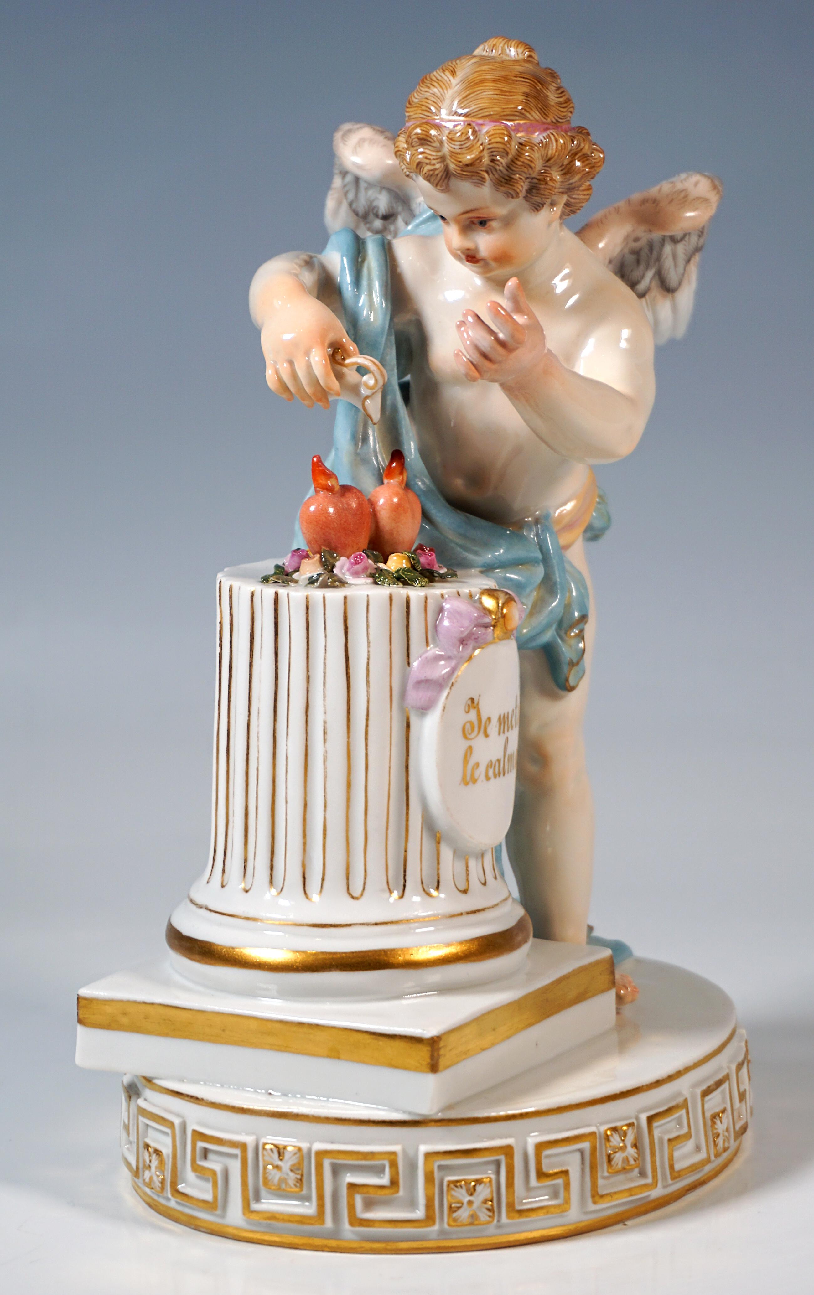 Porcelain Meissen Cupid Figure 'Je Mets Le Calme', By M. V. Acier, Germany, Circa 1870