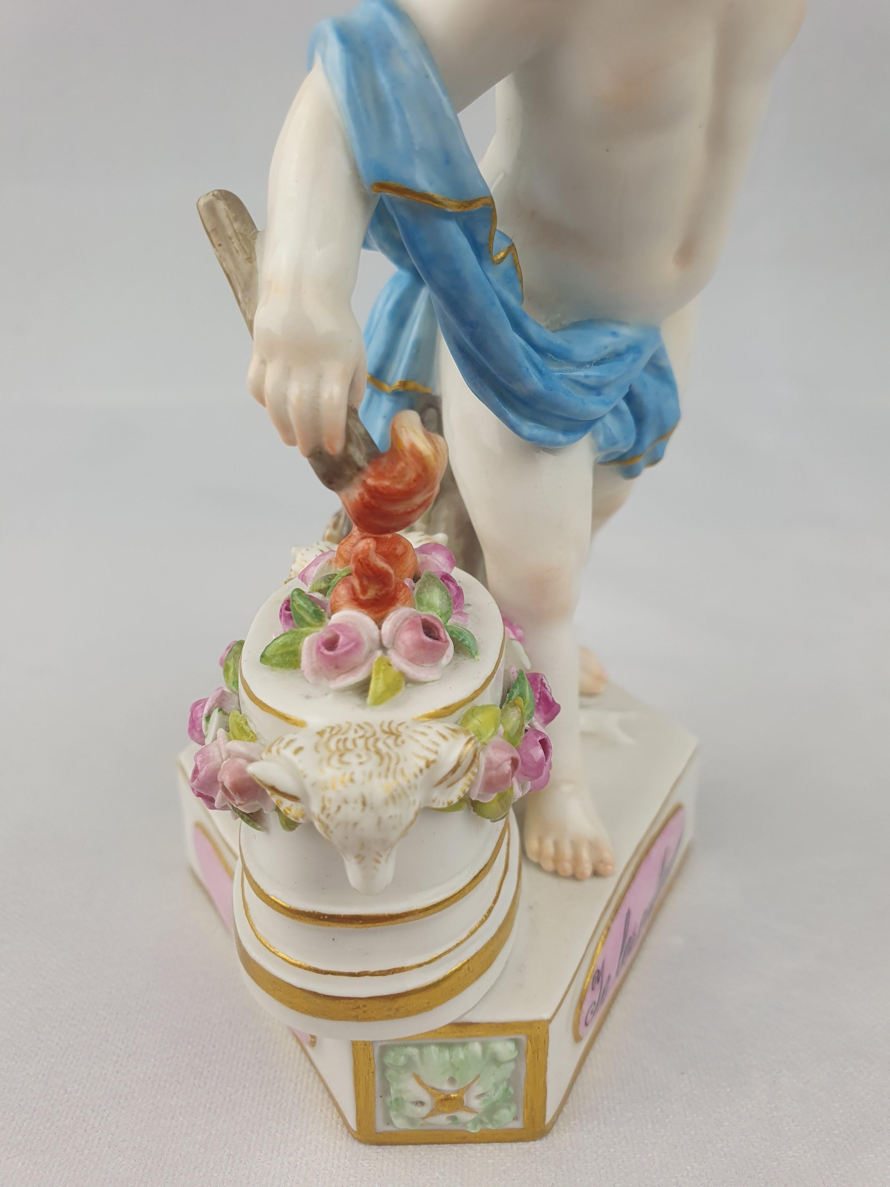 German Meissen Cupid Lighting Hearts with Flame ‘Je Les Enflamme’ For Sale