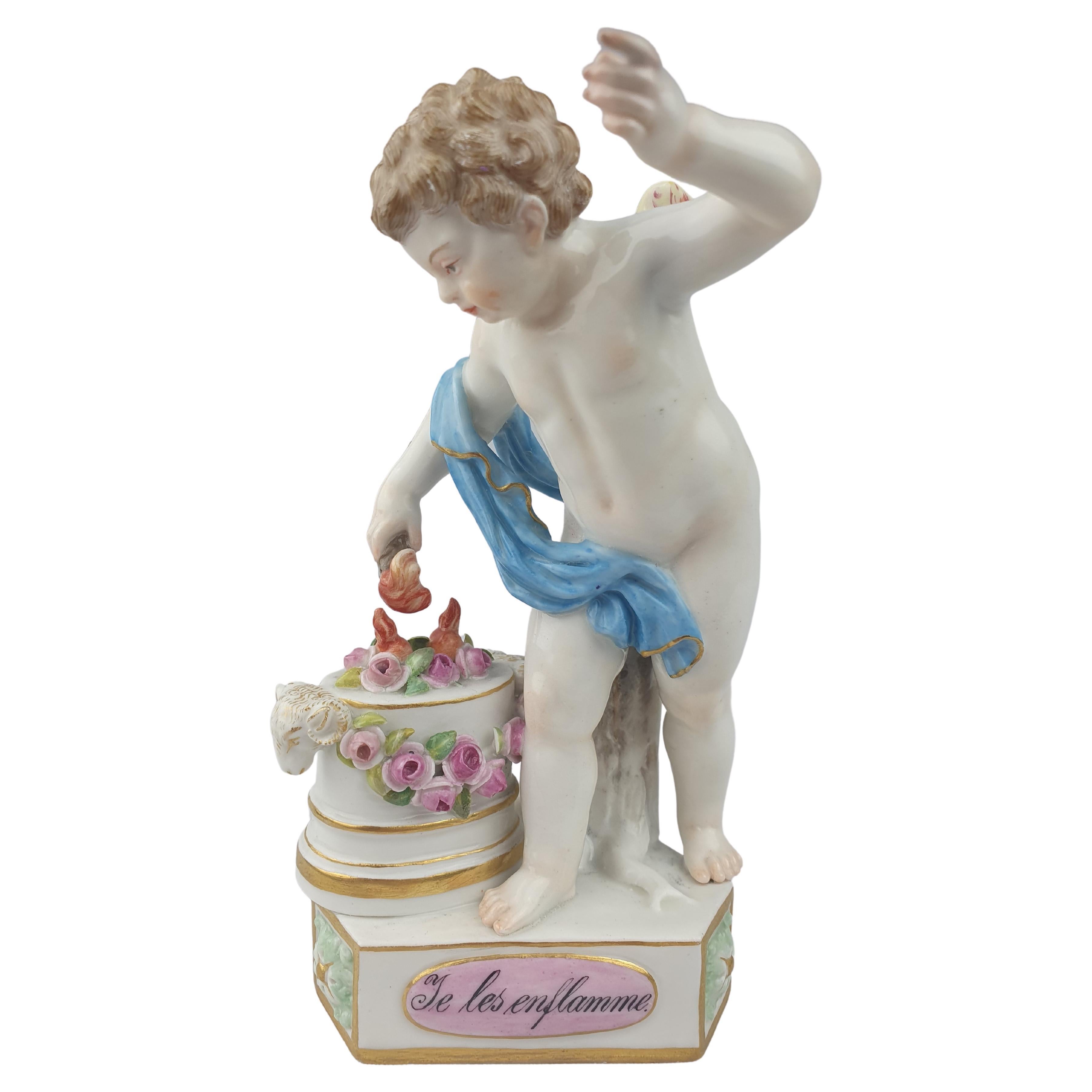 Meissen Cupid Lighting Hearts with Flame ‘Je Les Enflamme’ For Sale