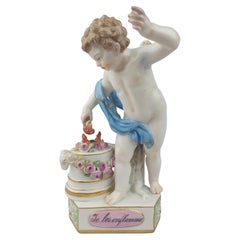 Cupidon de Meissen allumant des cœurs avec une flamme "Je Les Enflamme".