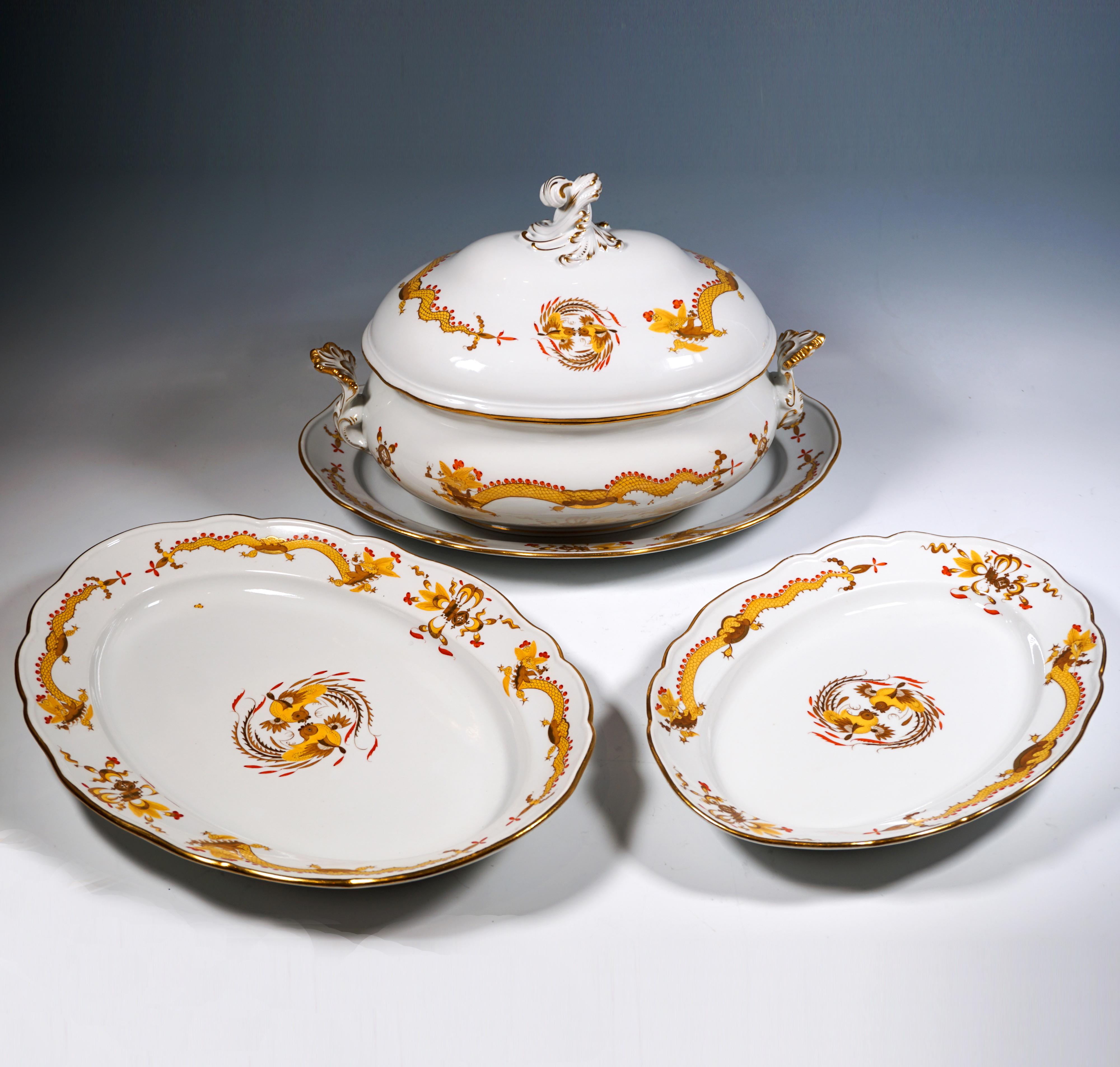 Baroque Service de table Meissen pour 6 personnes, dragon jaune riche avec rouge et or, 1924-34 en vente