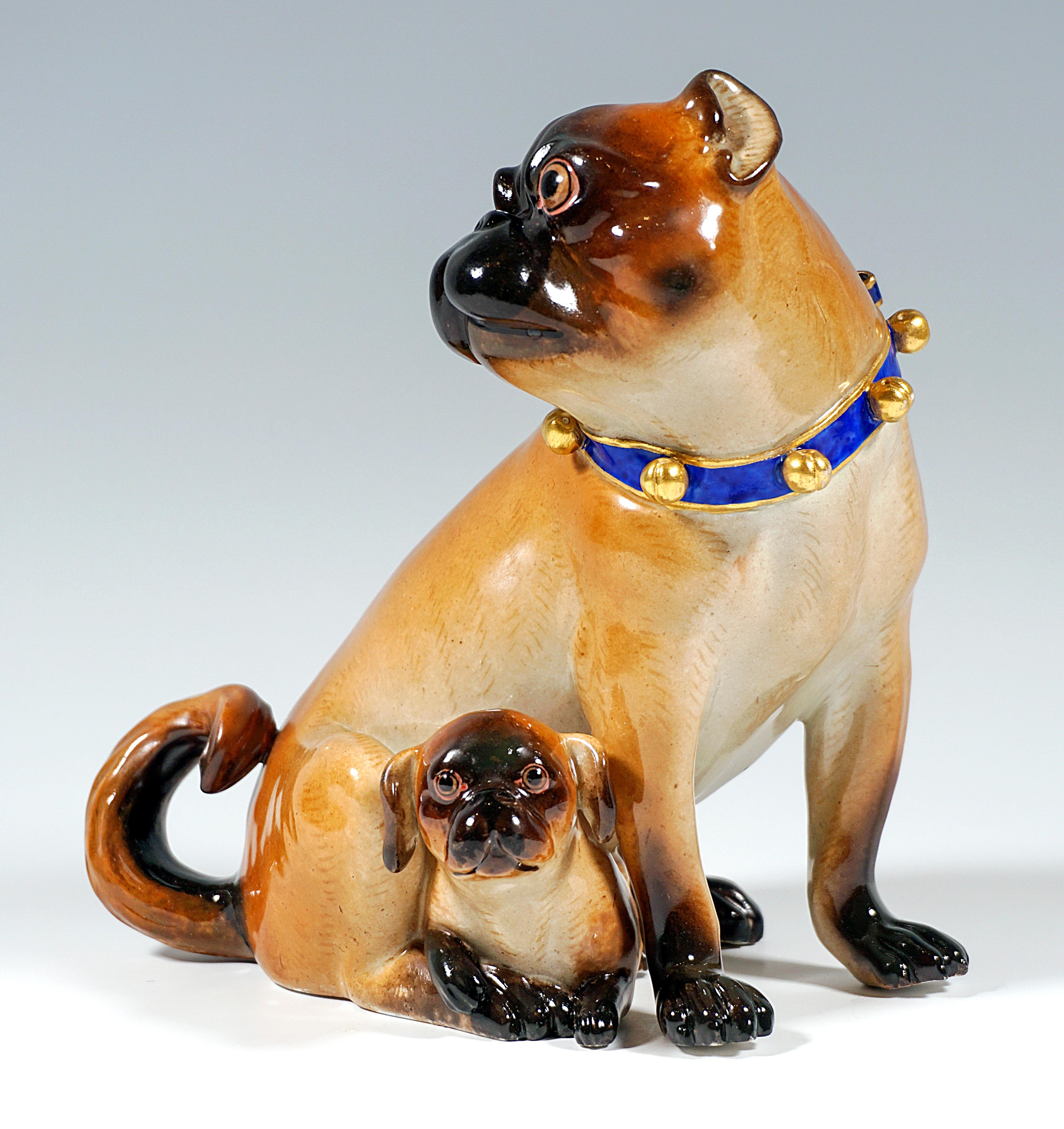 Lovingly designed group of animals:
Sitting female pug with jingle collar, looking attentively to the right, between her legs a small puppy looking out.

Designer:
Johann Joachim Kändler (1706 - 1775) chief sculptor at the Meissen manufactory