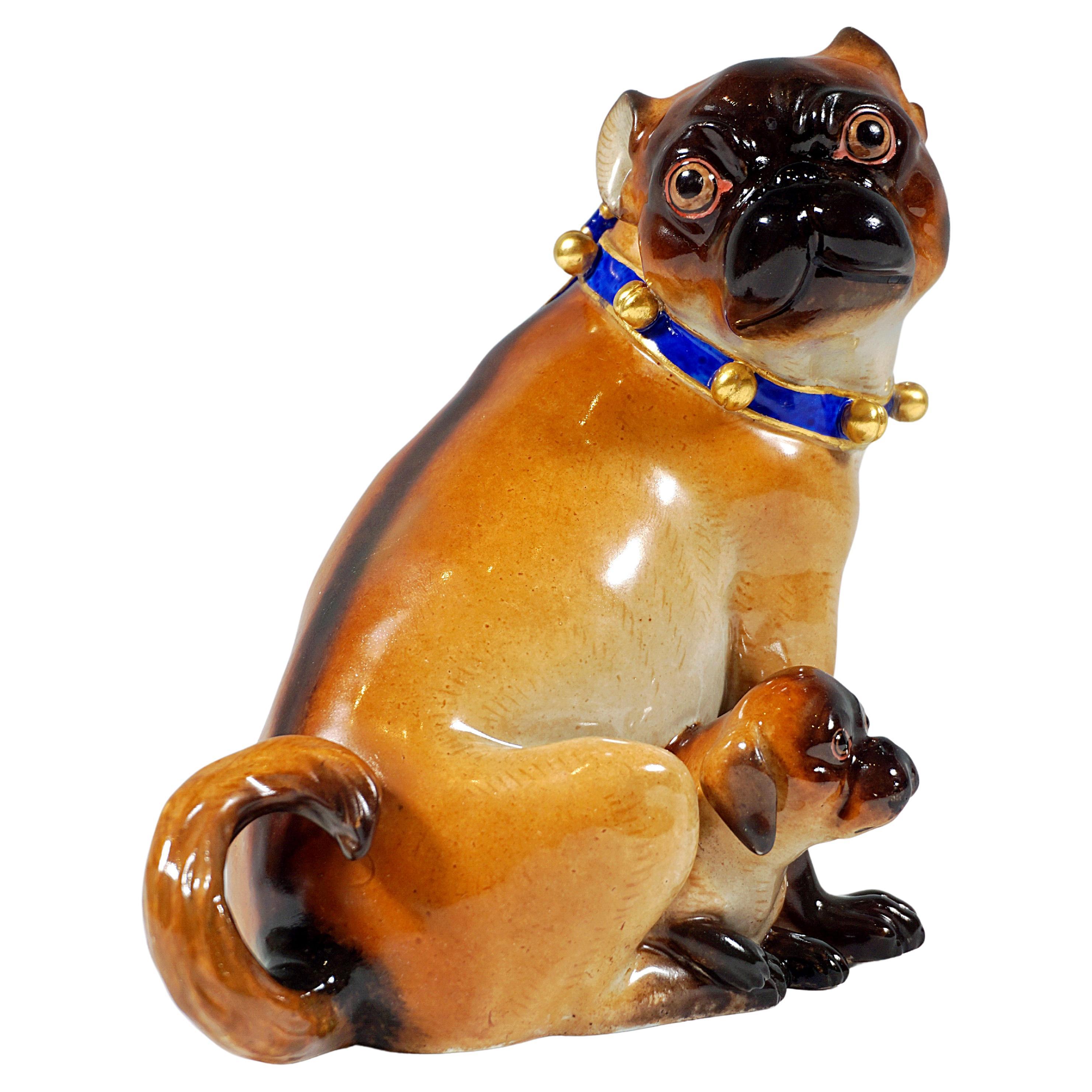 Meissen Dog Group Pug with Puppy and Bells by J.J. Kaendler Germany, circa 1850 For Sale