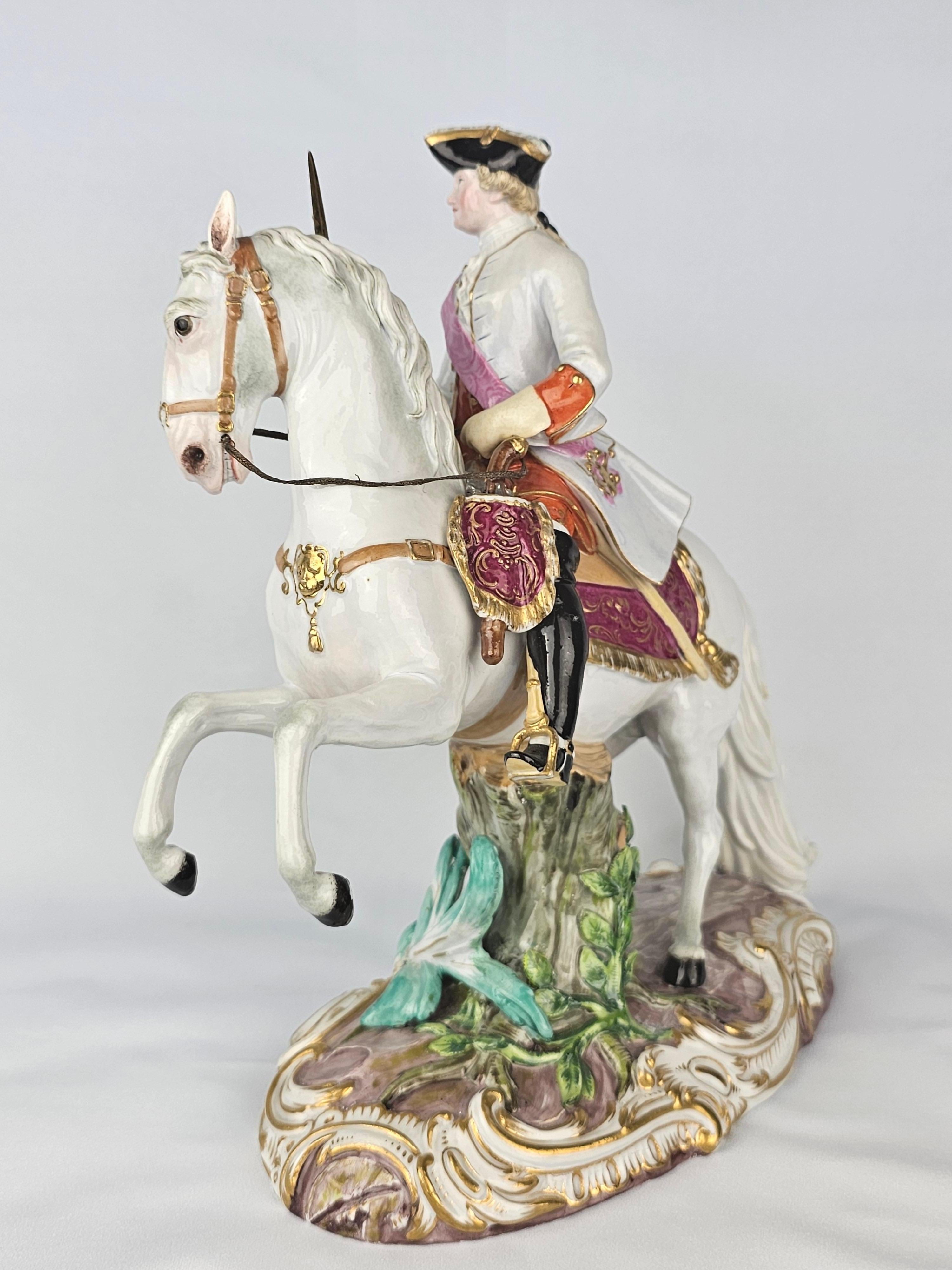 Empress Catherine II on horseback first modelled by J.J Kaendler 1770.
Circa 1880
Model Number c92
Underglaze blue crossed swords