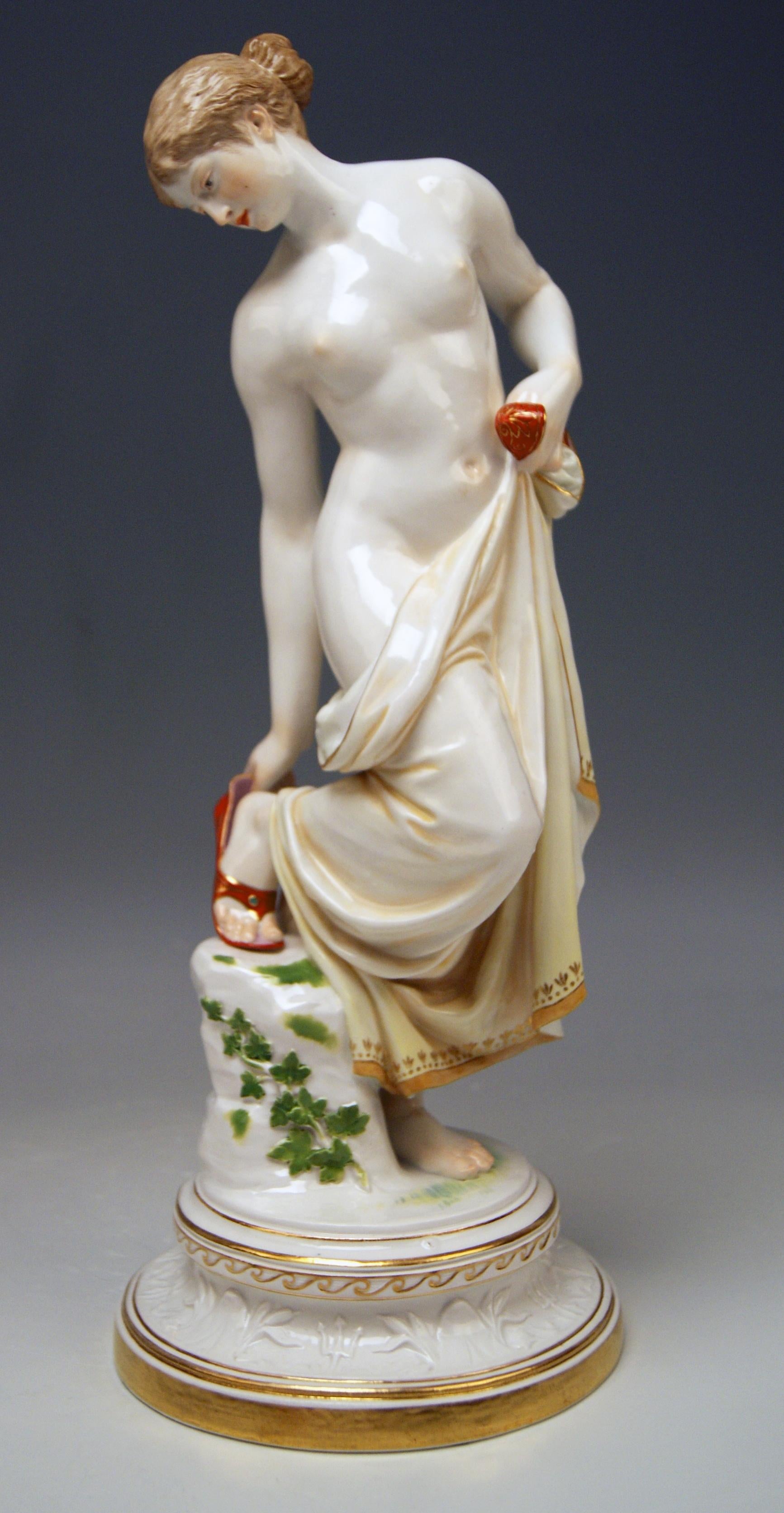 Meissen gorgeous Figurine of Nude Lady, called After The Bath / created by Robert Ockelmann 
 
Manufactory: Meissen
Hallmarked: Blue Meissen Sword Mark (underglazed)
First quality
Dating: made circa 1890-1900 
Material: porcelain, glossy finish,