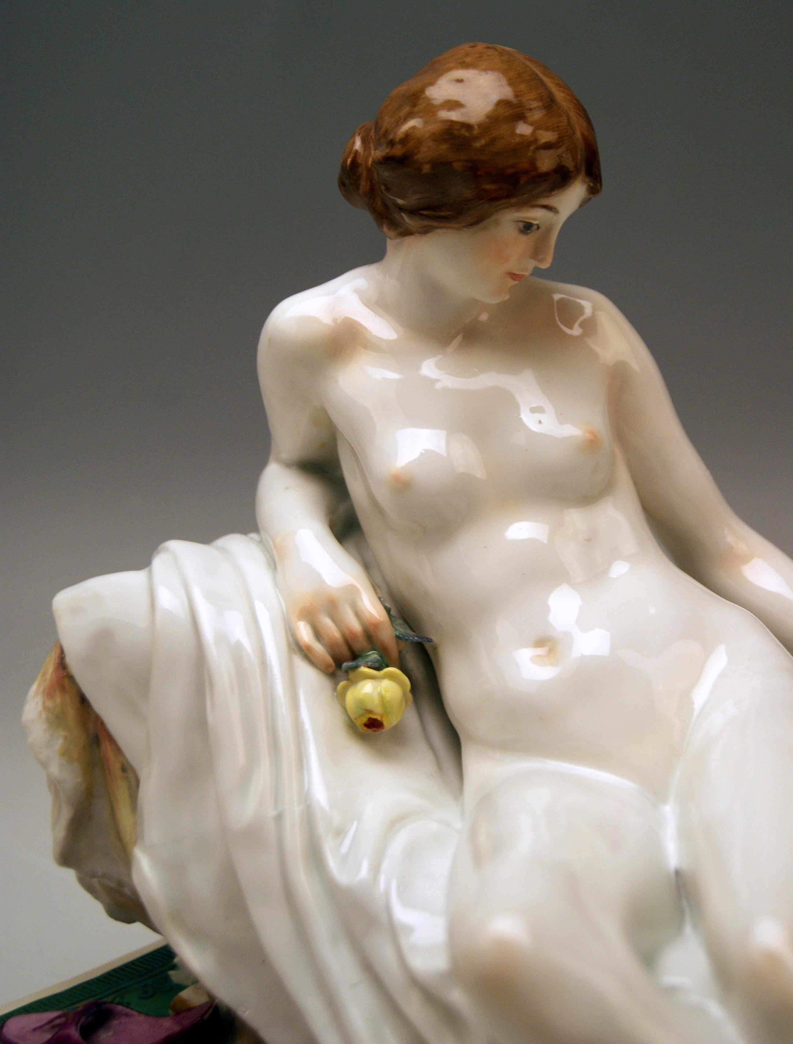 Painted Meissen Female Nude Figurine with Mirror Model T 185 Robert Ockelmann