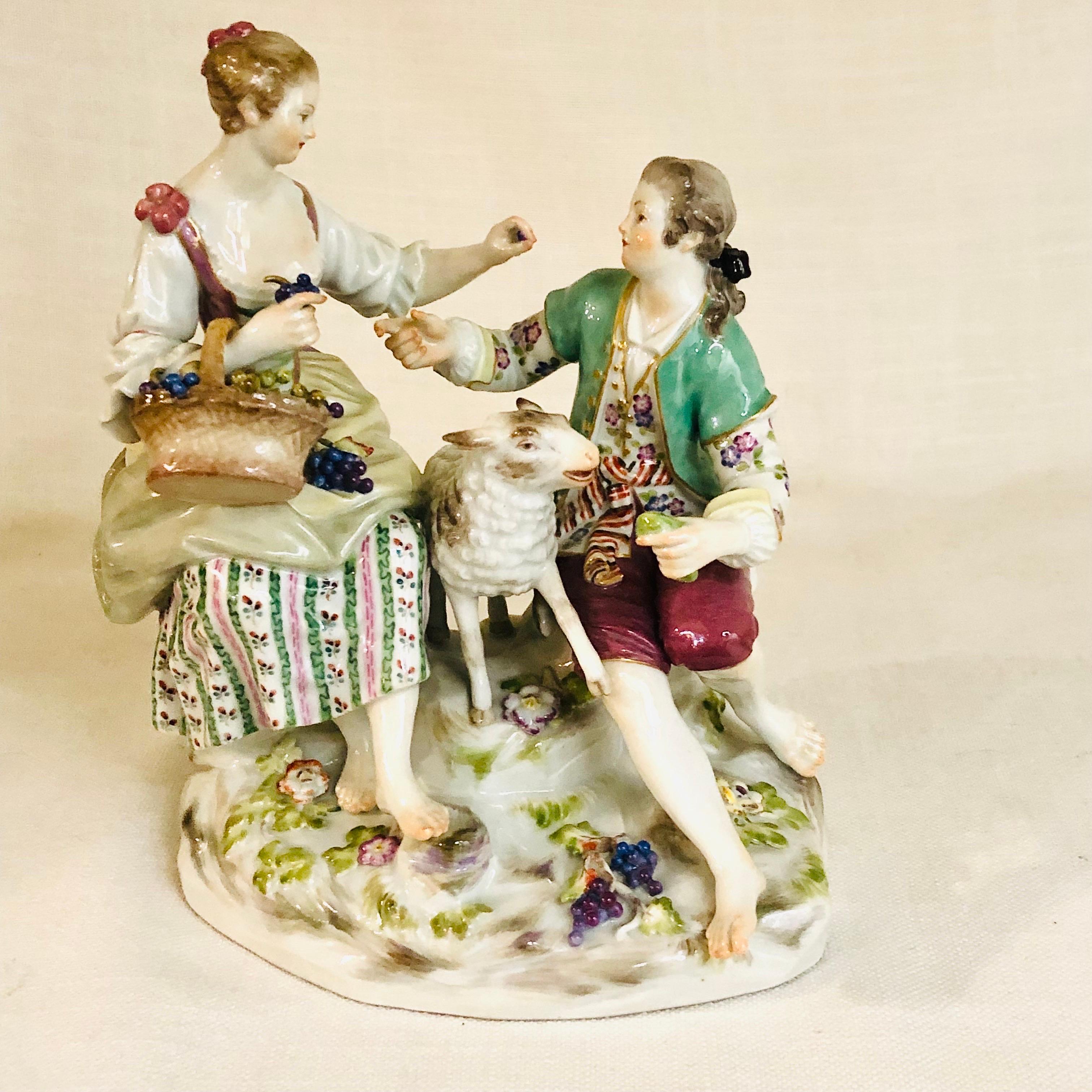 German Meissen Figural Group of a Romantic Couple Eating Grapes with Their Lamb