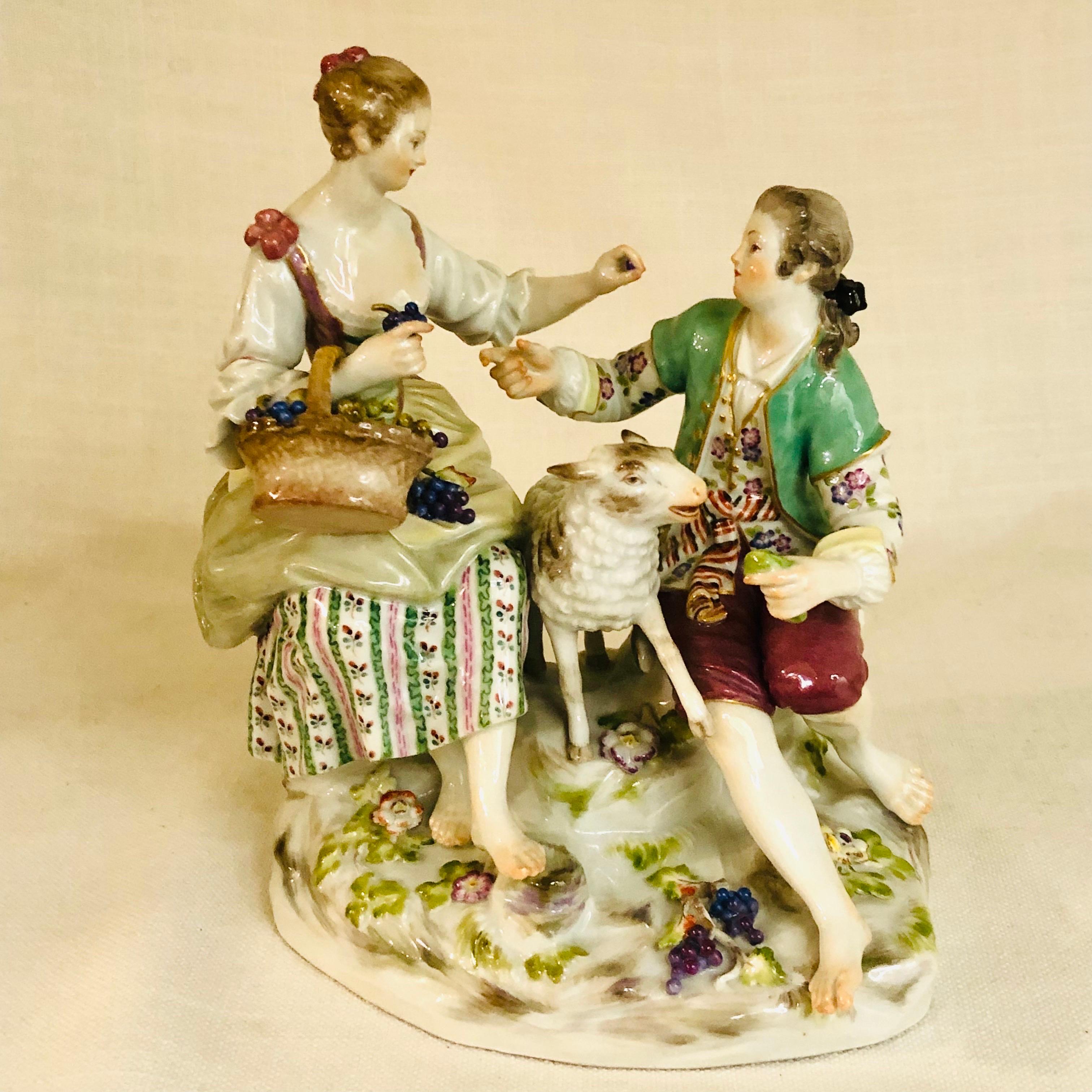 Hand-Painted Meissen Figural Group of a Romantic Couple Eating Grapes with Their Lamb