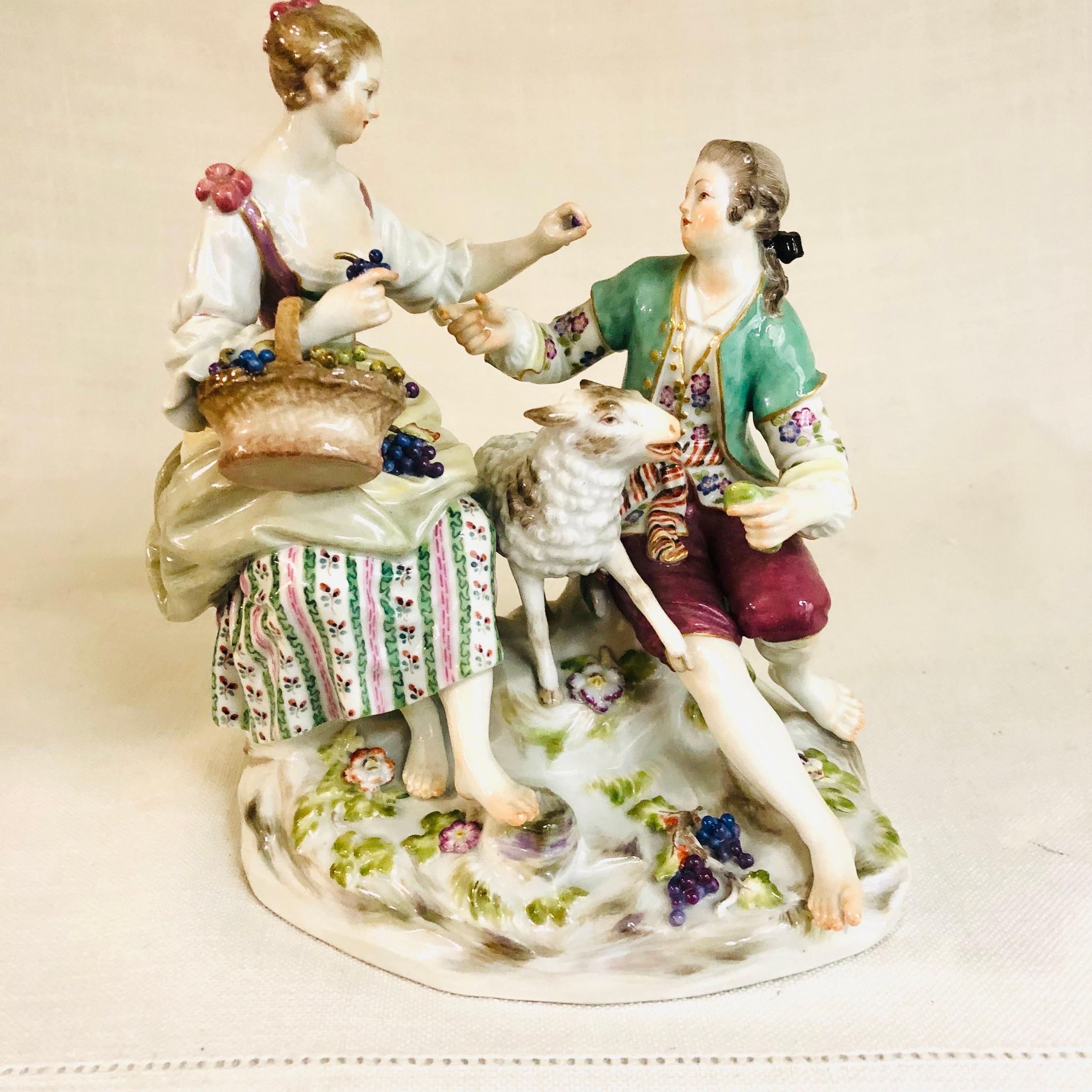 19th Century Meissen Figural Group of a Romantic Couple Eating Grapes with Their Lamb